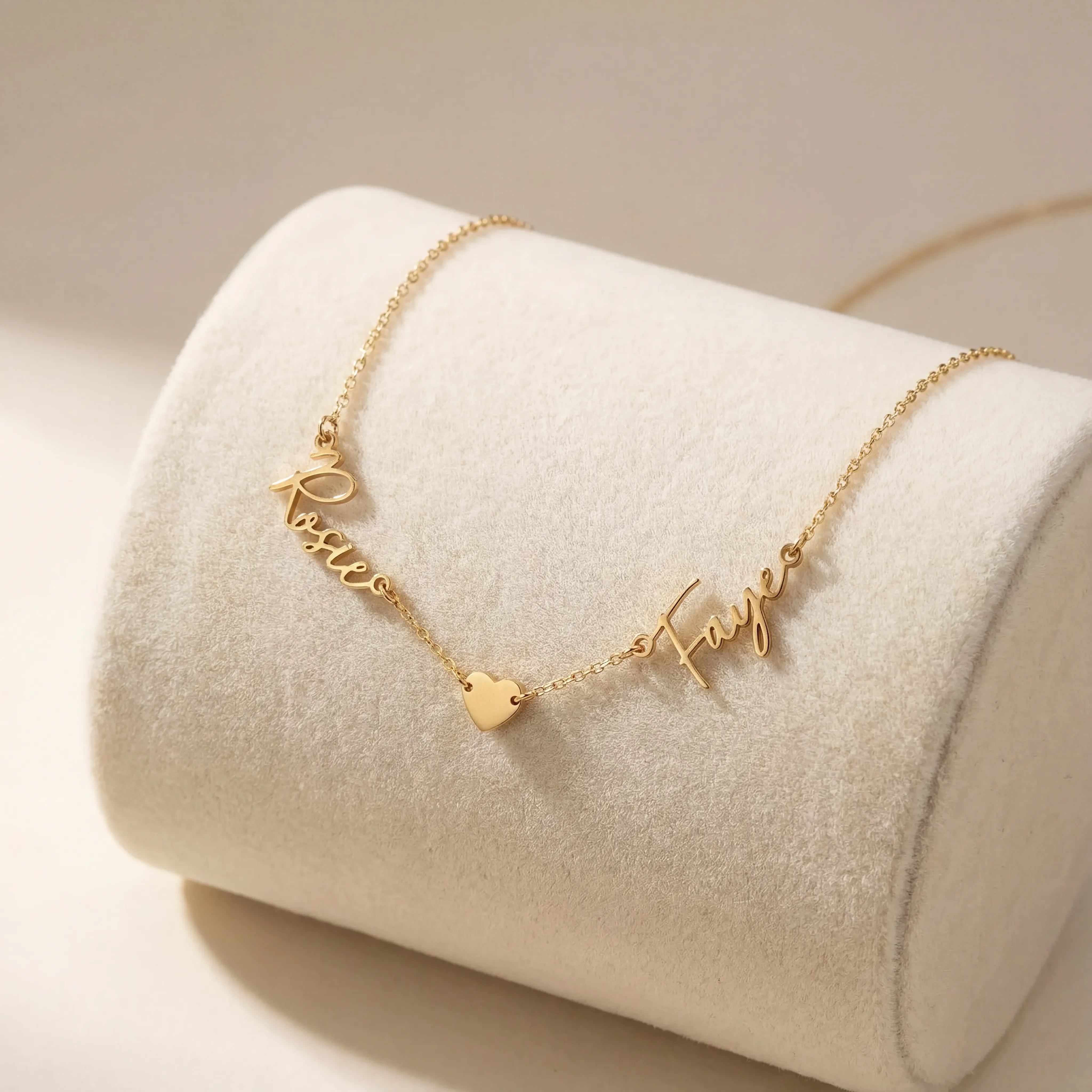 Necklace Double Name & Solid Heart Necklace HBD Double Name Necklace with Heart – Vermeil or Solid Silver – Personalised Script Necklace