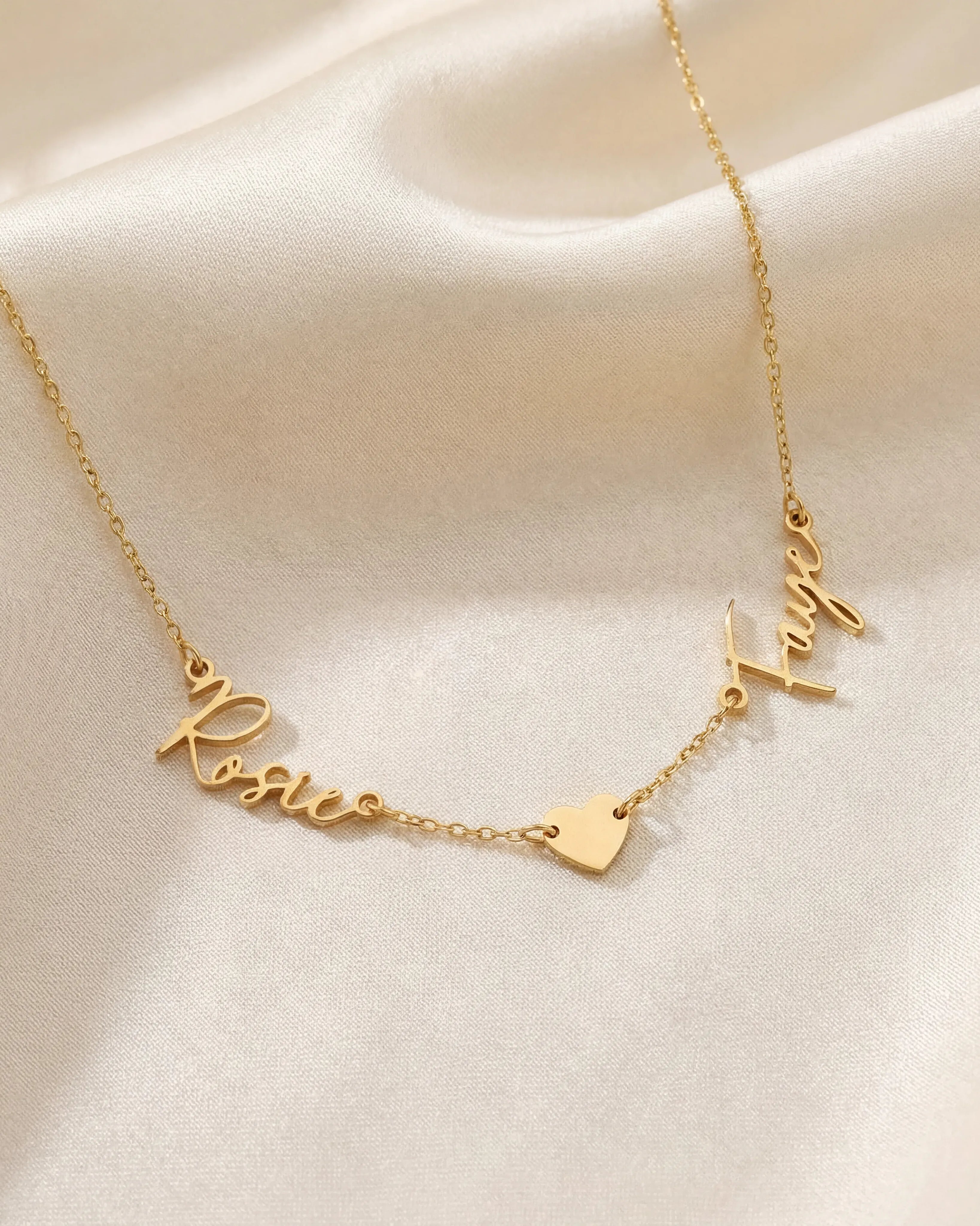 Necklace Double Name & Solid Heart Necklace HBD Double Name Necklace with Heart – Vermeil or Solid Silver – Personalised Script Necklace