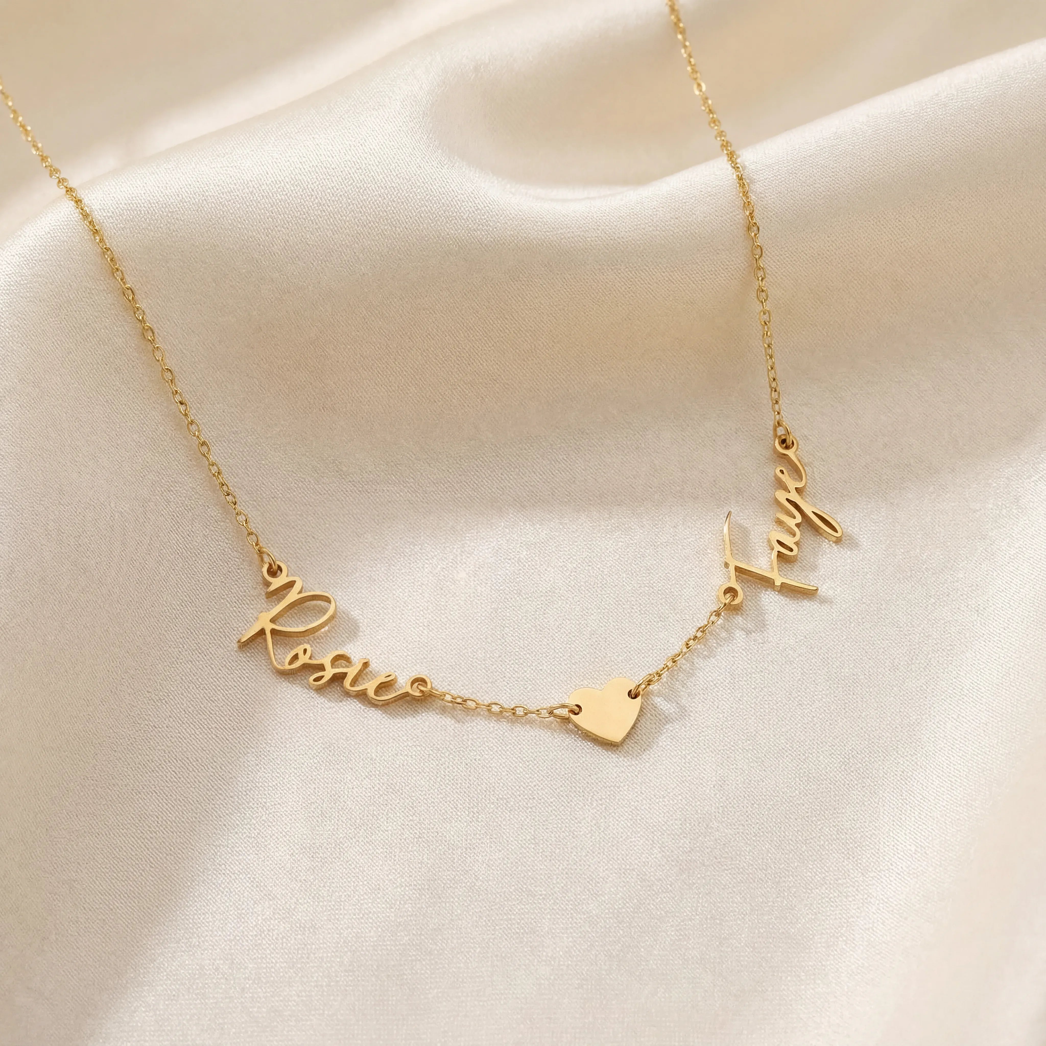 Necklace Double Name & Solid Heart Necklace HBD Double Name Necklace with Heart – Vermeil or Solid Silver – Personalised Script Necklace