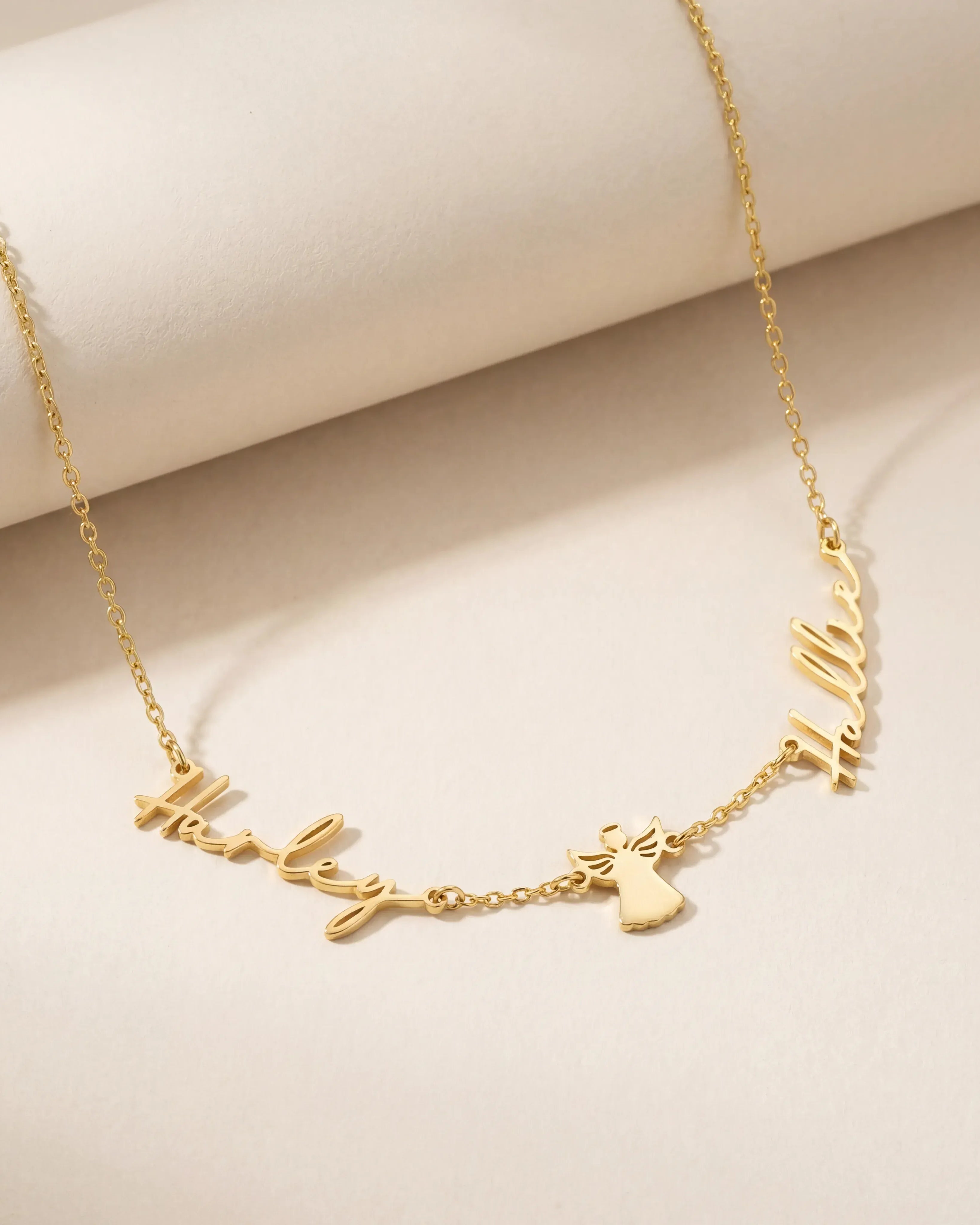 Necklace Double Name with Angel Necklace HBD Angel Name Necklace with Two Names – Personalised Gold & Silver Gift