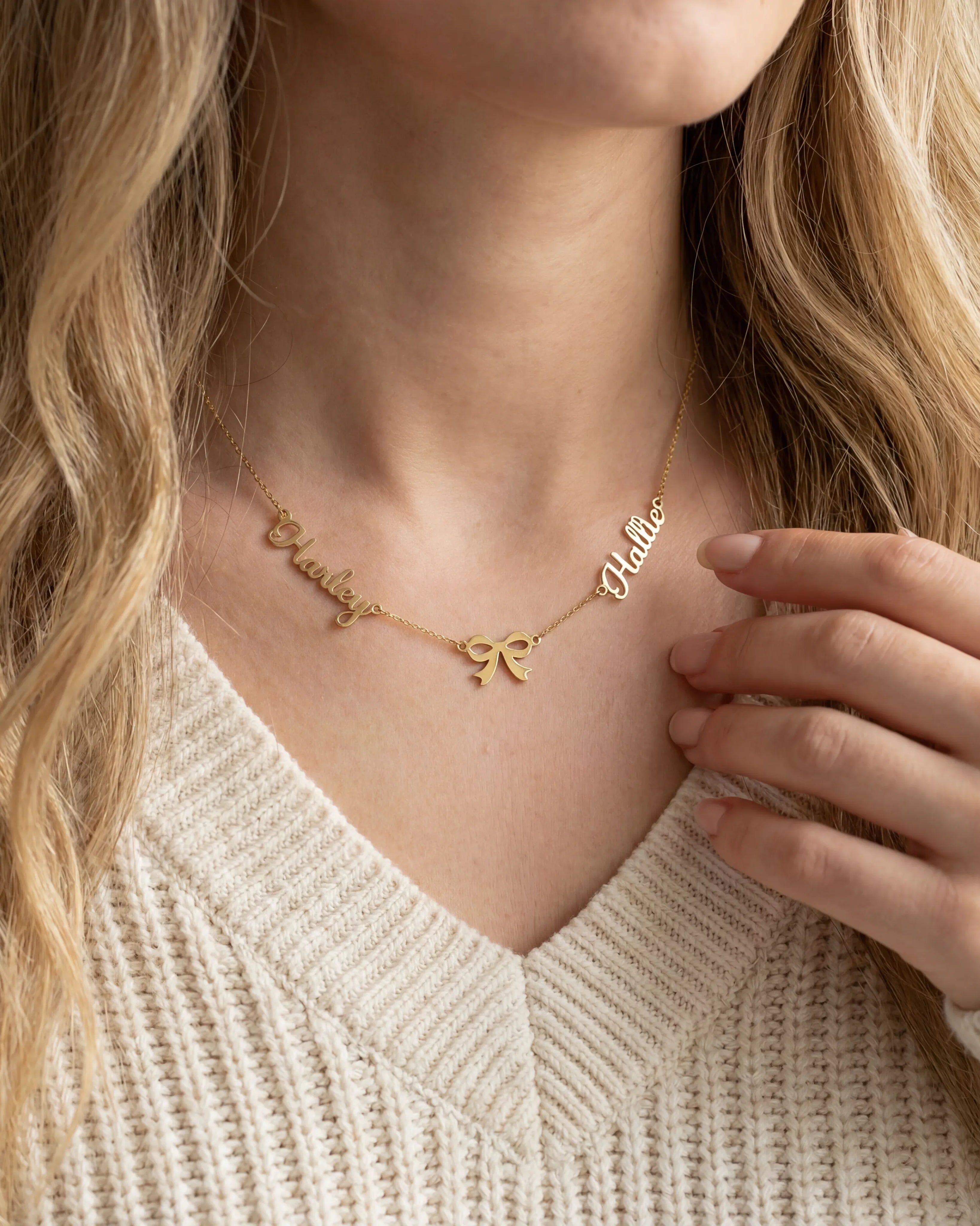 Necklace Double Name with Bow Necklace HBD Elegant Double Name Necklace with Bow – Gold, Silver & Vermeil Finish