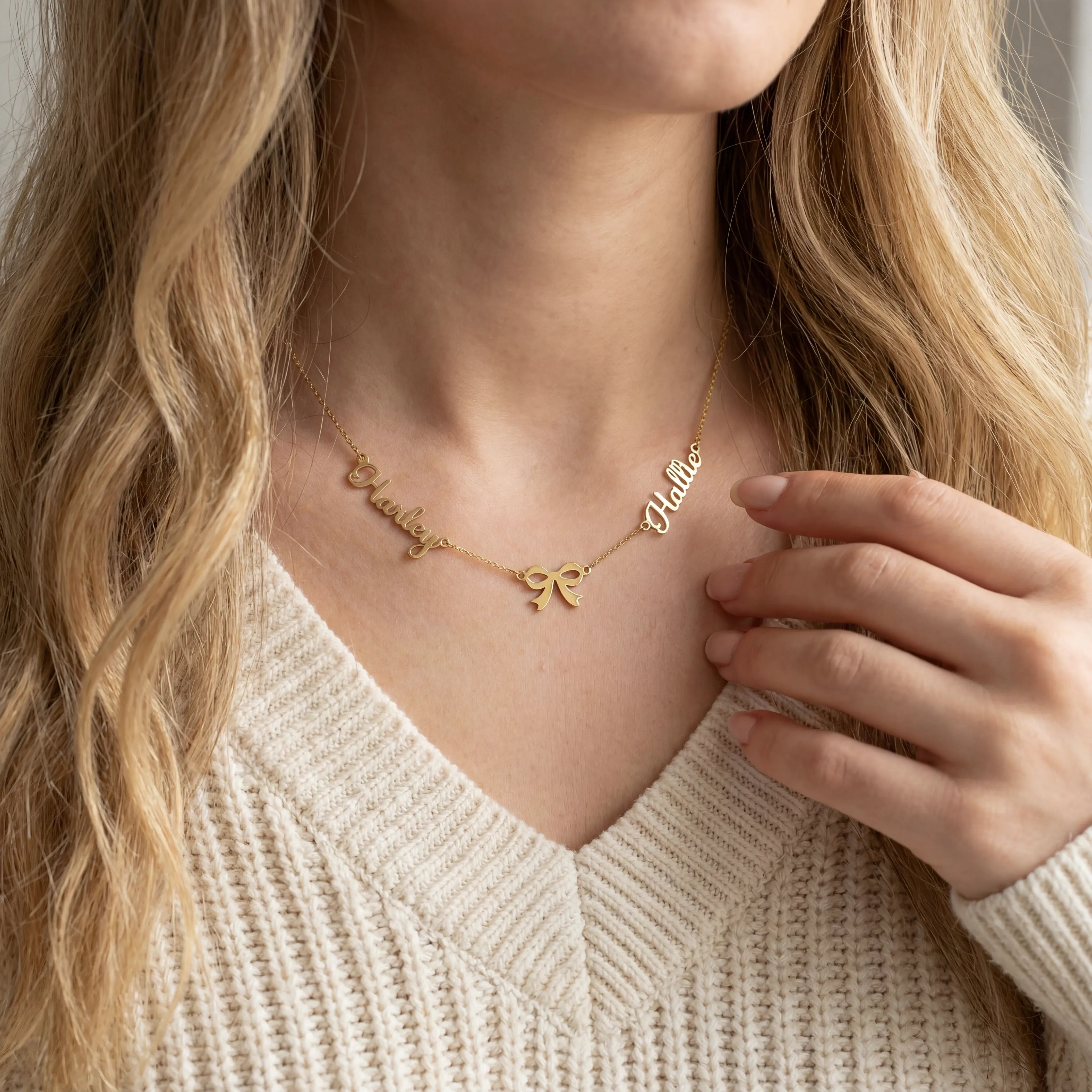 Necklace Double Name with Bow Necklace HBD Elegant Double Name Necklace with Bow – Gold, Silver & Vermeil Finish
