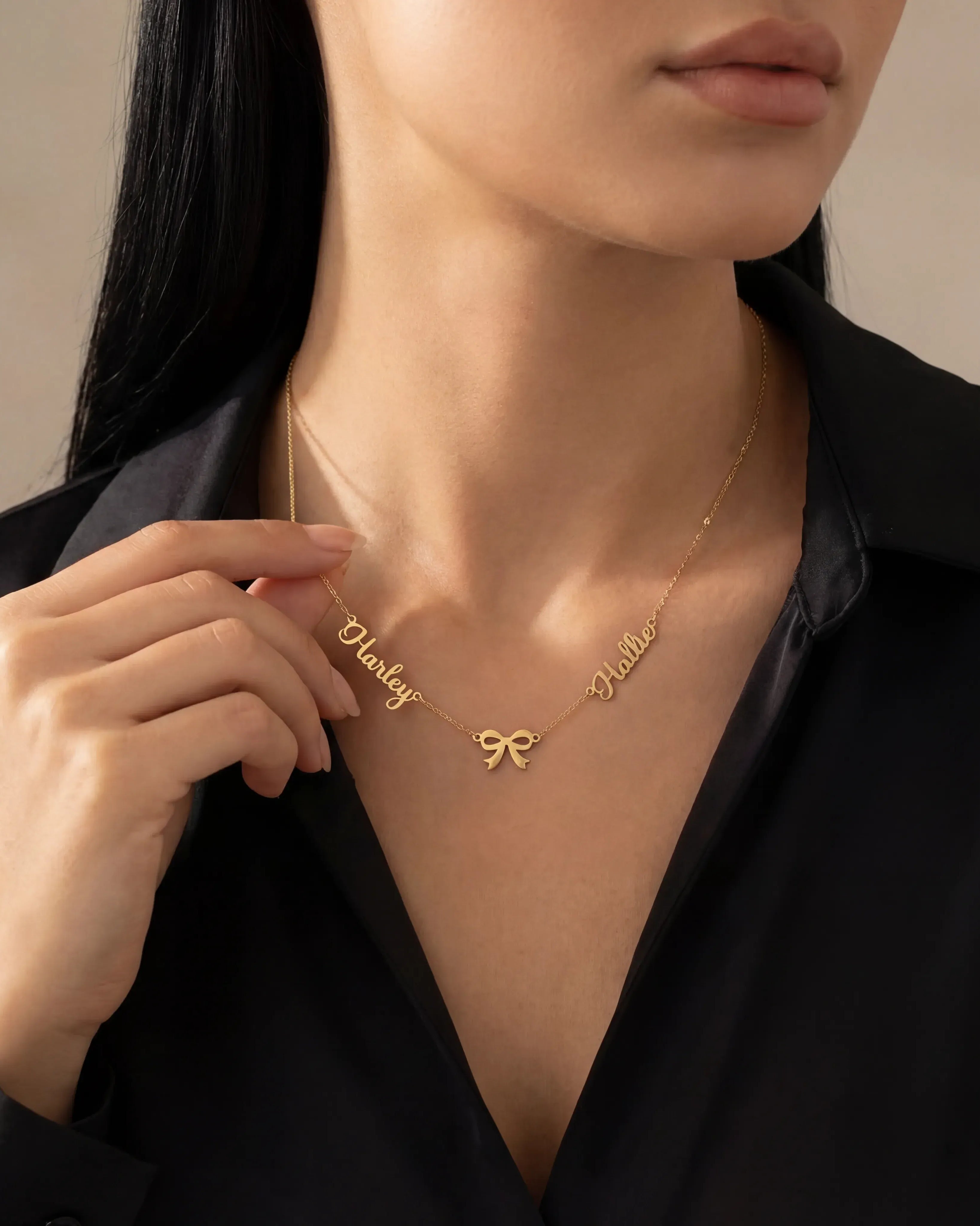 Necklace Double Name with Bow Necklace HBD Elegant Double Name Necklace with Bow – Gold, Silver & Vermeil Finish