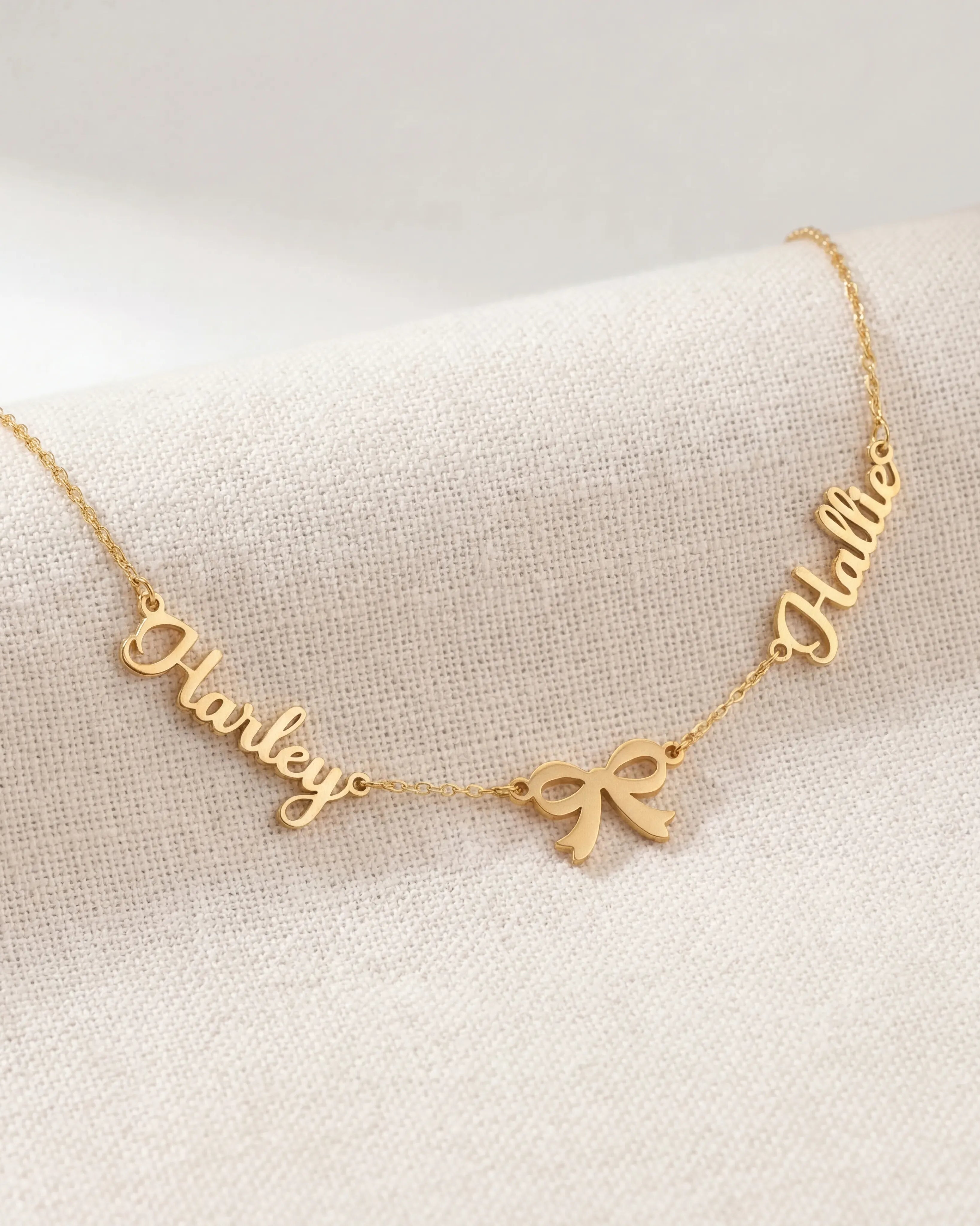 Necklace Double Name with Bow Necklace HBD Elegant Double Name Necklace with Bow – Gold, Silver & Vermeil Finish