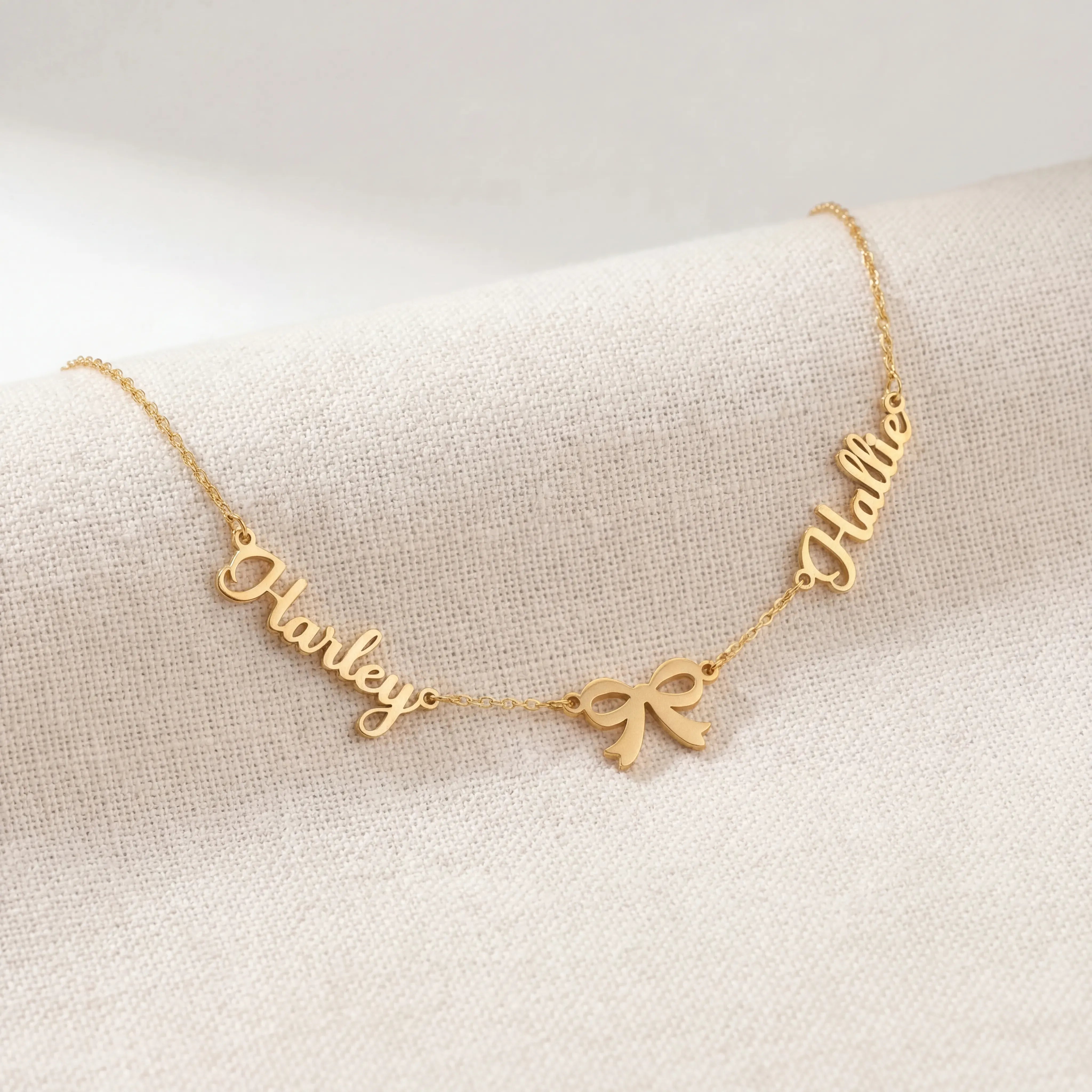 Necklace Double Name with Bow Necklace HBD Elegant Double Name Necklace with Bow – Gold, Silver & Vermeil Finish