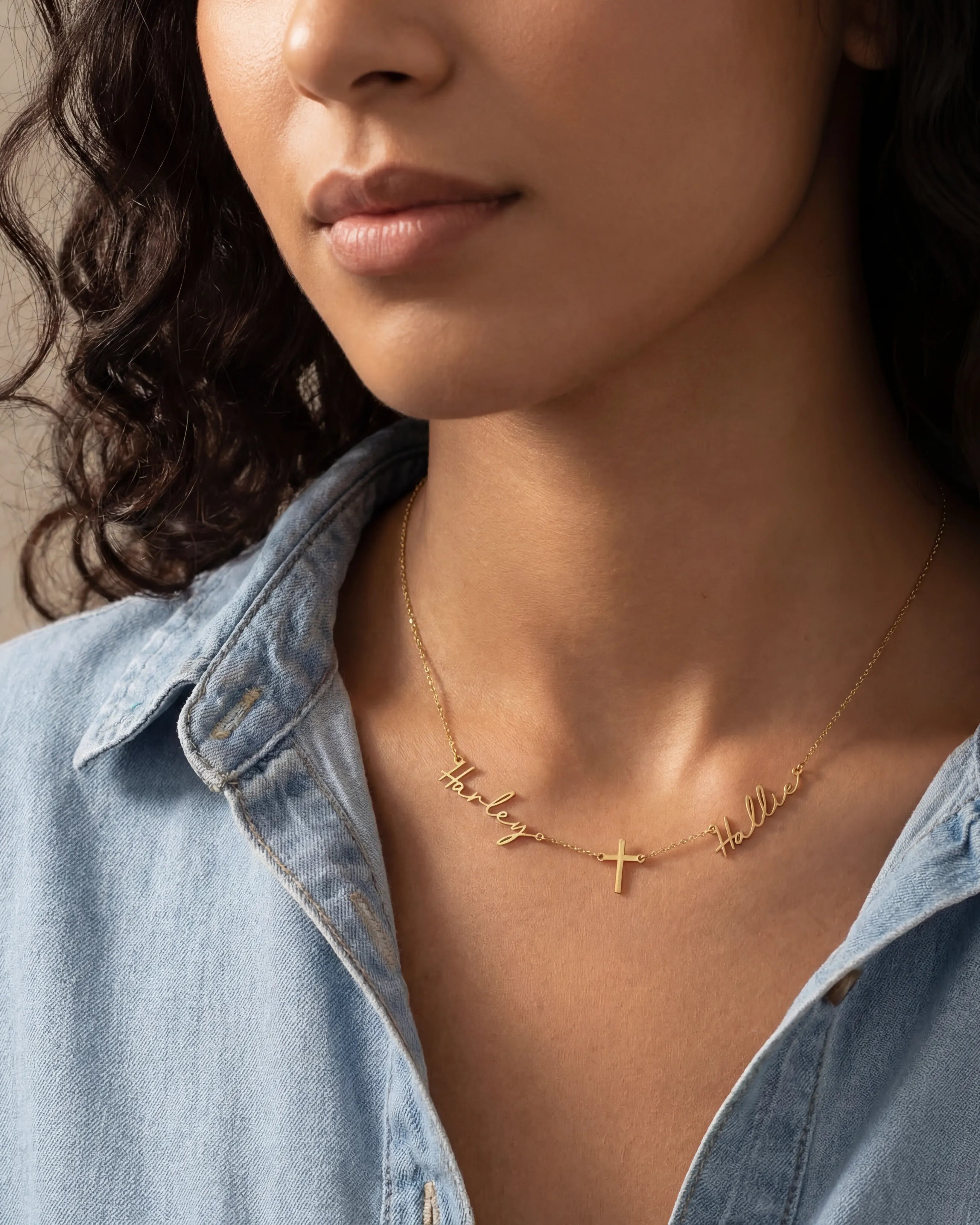 Necklace Double Name with Cross Necklace HBD Double Name with Cross Necklace | Personalised Double Name & Cross in Gold & Silver