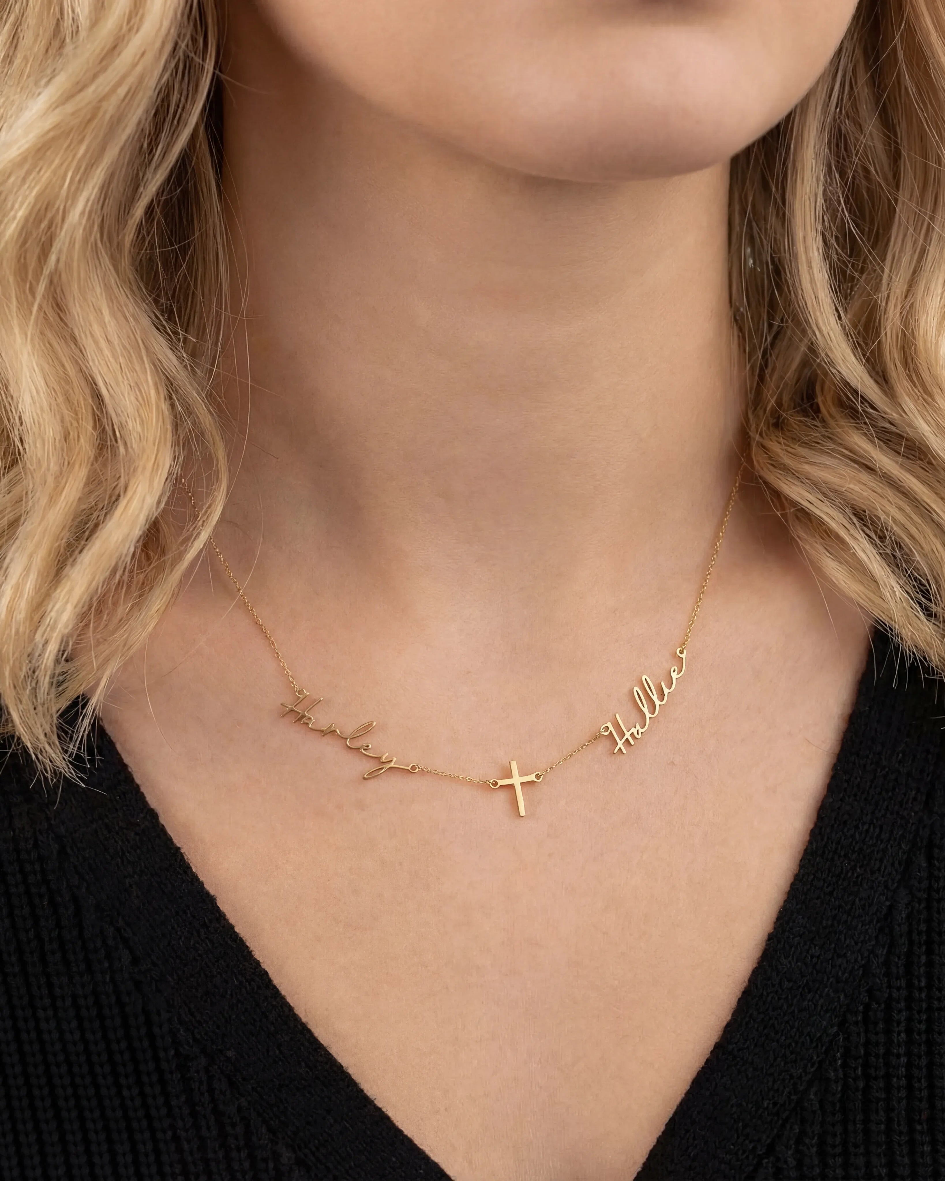 Necklace Double Name with Cross Necklace HBD Double Name with Cross Necklace | Personalised Double Name & Cross in Gold & Silver