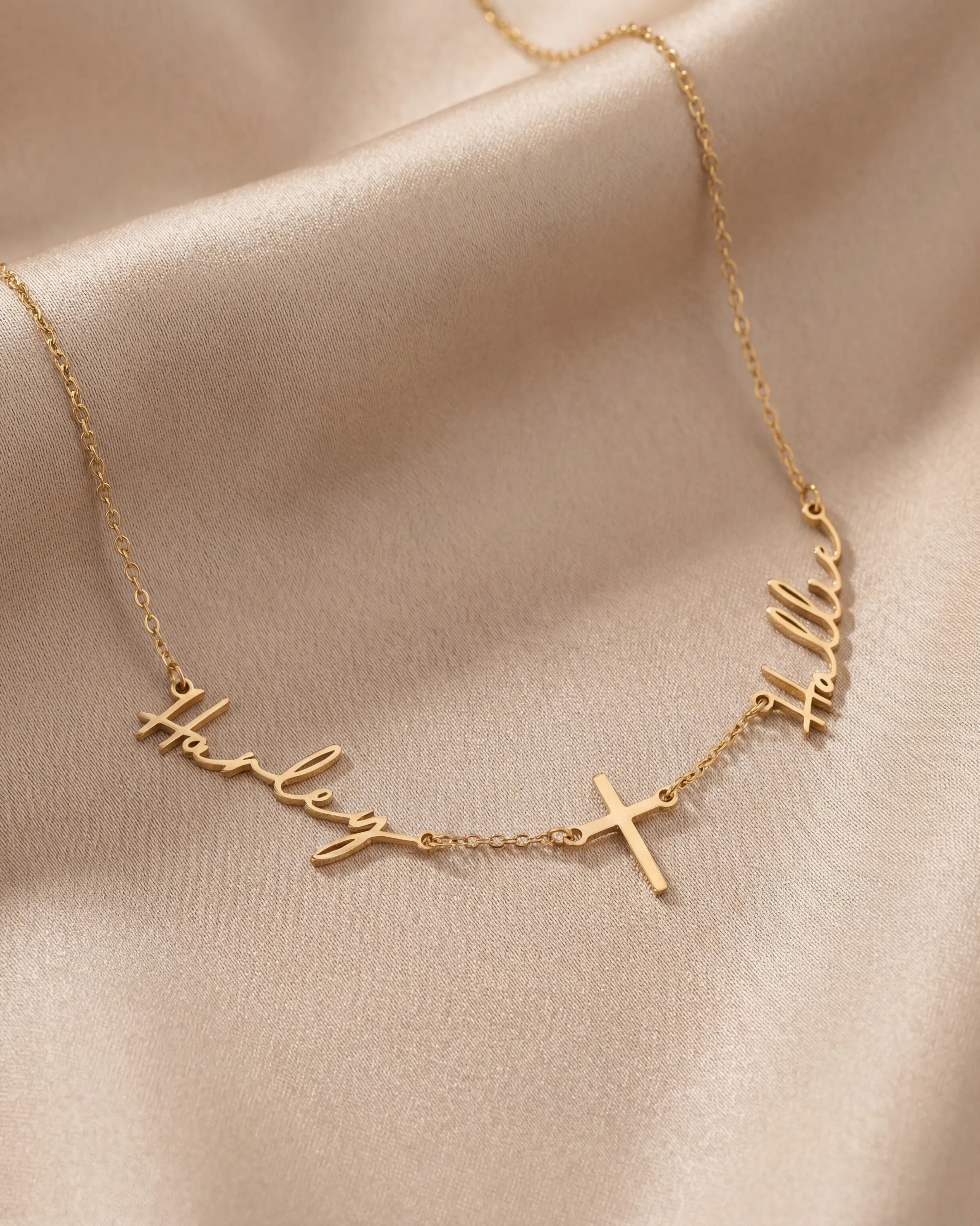 Necklace Double Name with Cross Necklace HBD Double Name with Cross Necklace | Personalised Double Name & Cross in Gold & Silver