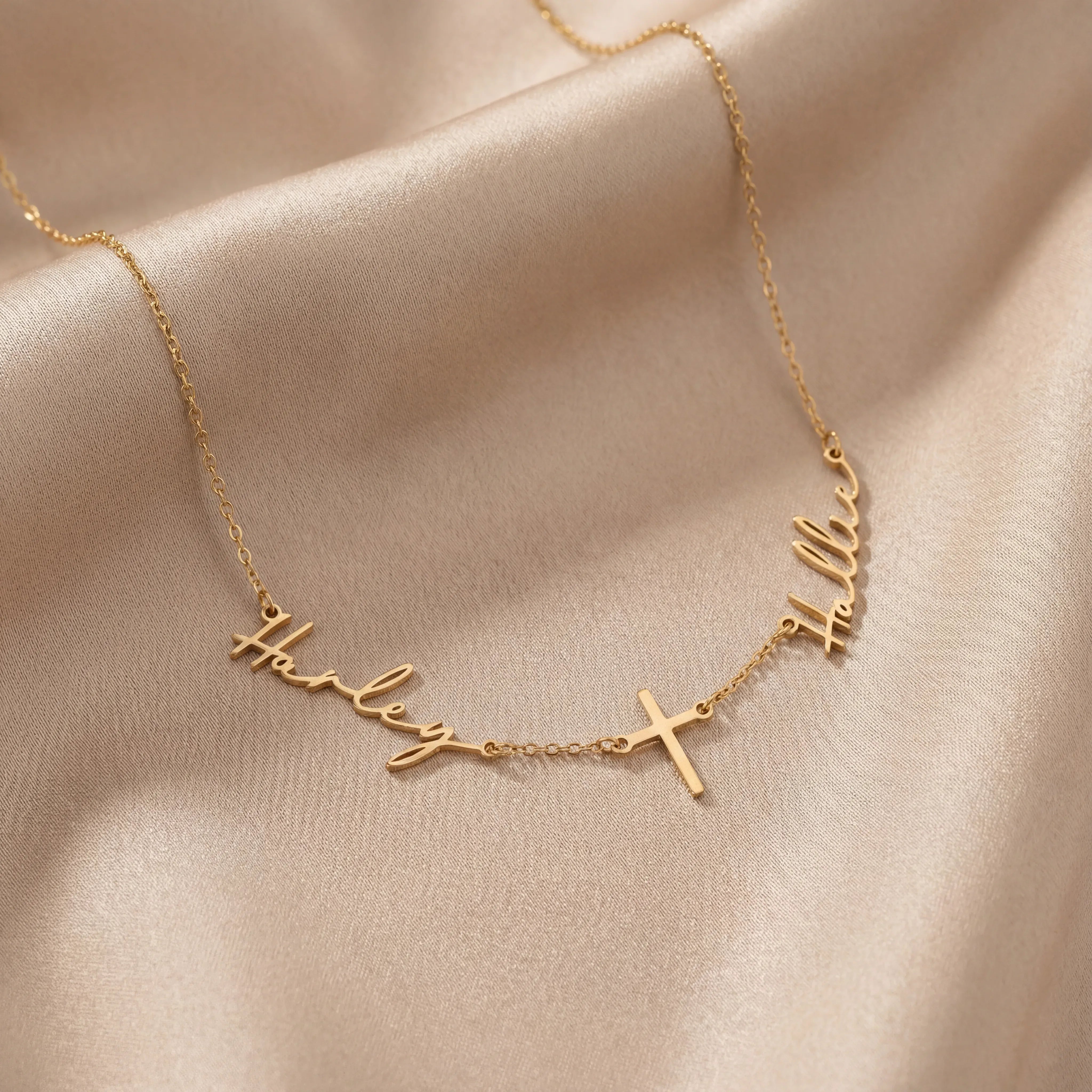 Necklace Double Name with Cross Necklace HBD Double Name with Cross Necklace | Personalised Double Name & Cross in Gold & Silver