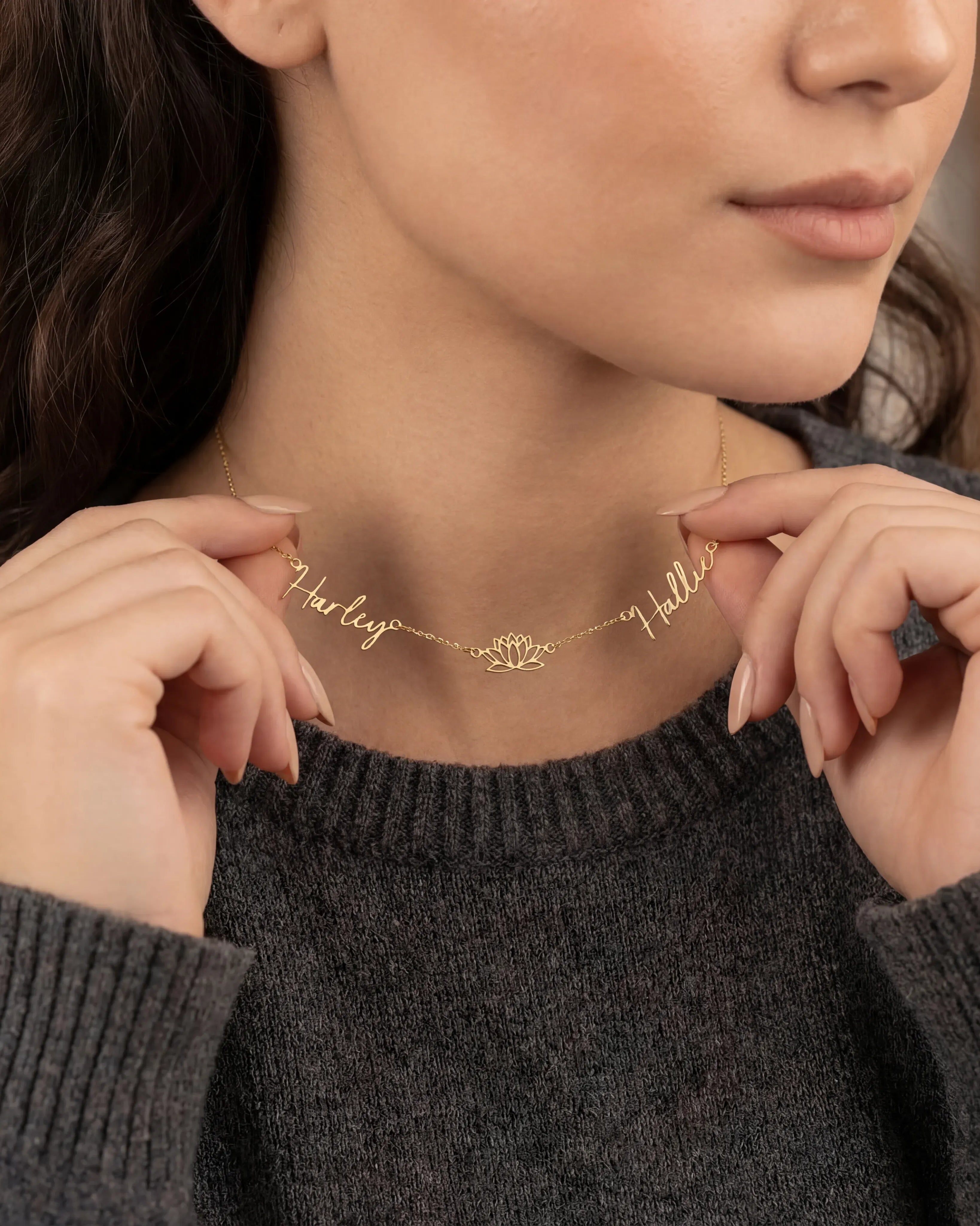 18ct Gold / Style 1 / 18" Inches Necklace Double Name with Lotus Flower Necklace HBD Personalised Lotus Necklace with Two Names – Gold, Silver or Vermeil