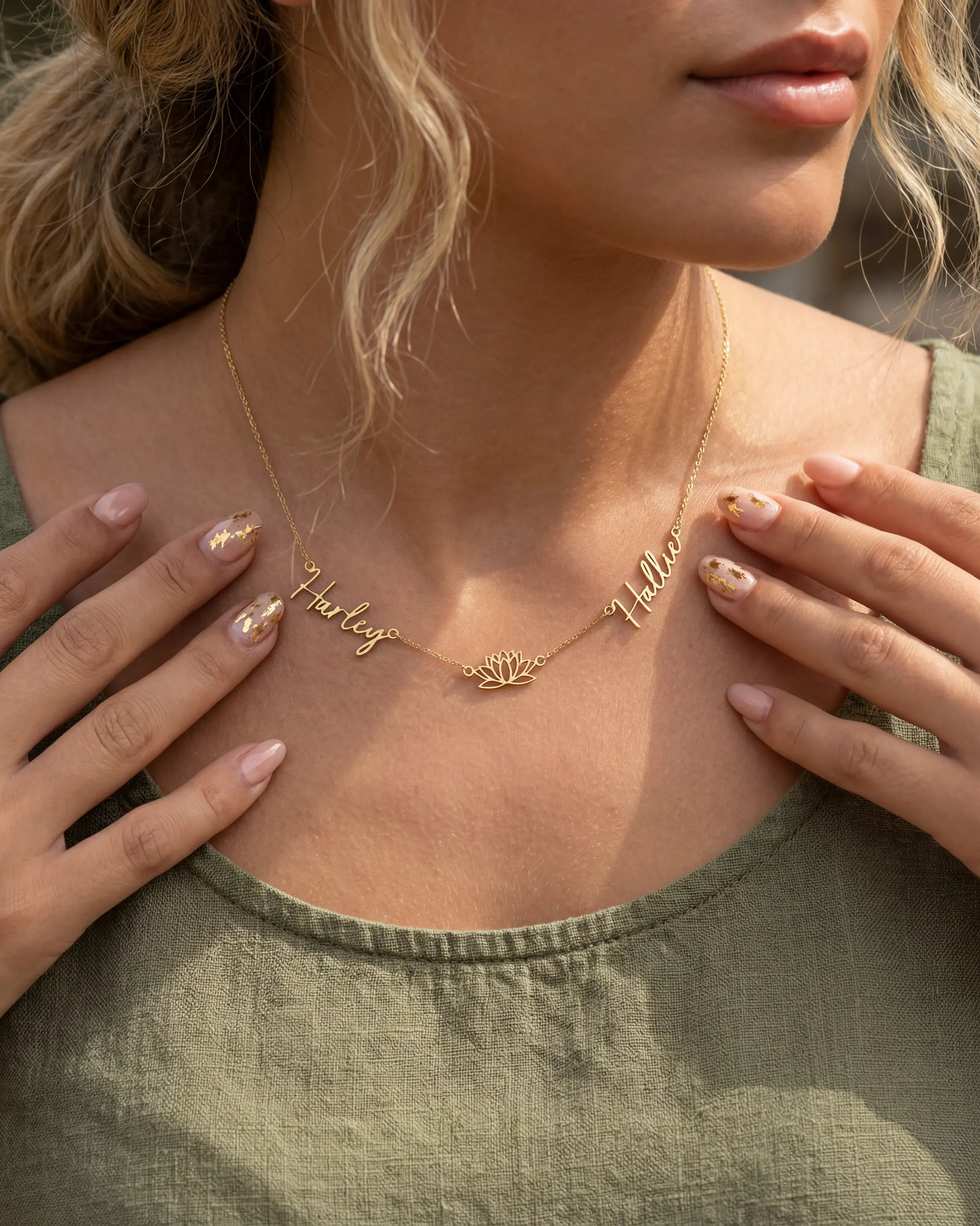 Necklace Double Name with Lotus Flower Necklace HBD Personalised Lotus Necklace with Two Names – Gold, Silver or Vermeil