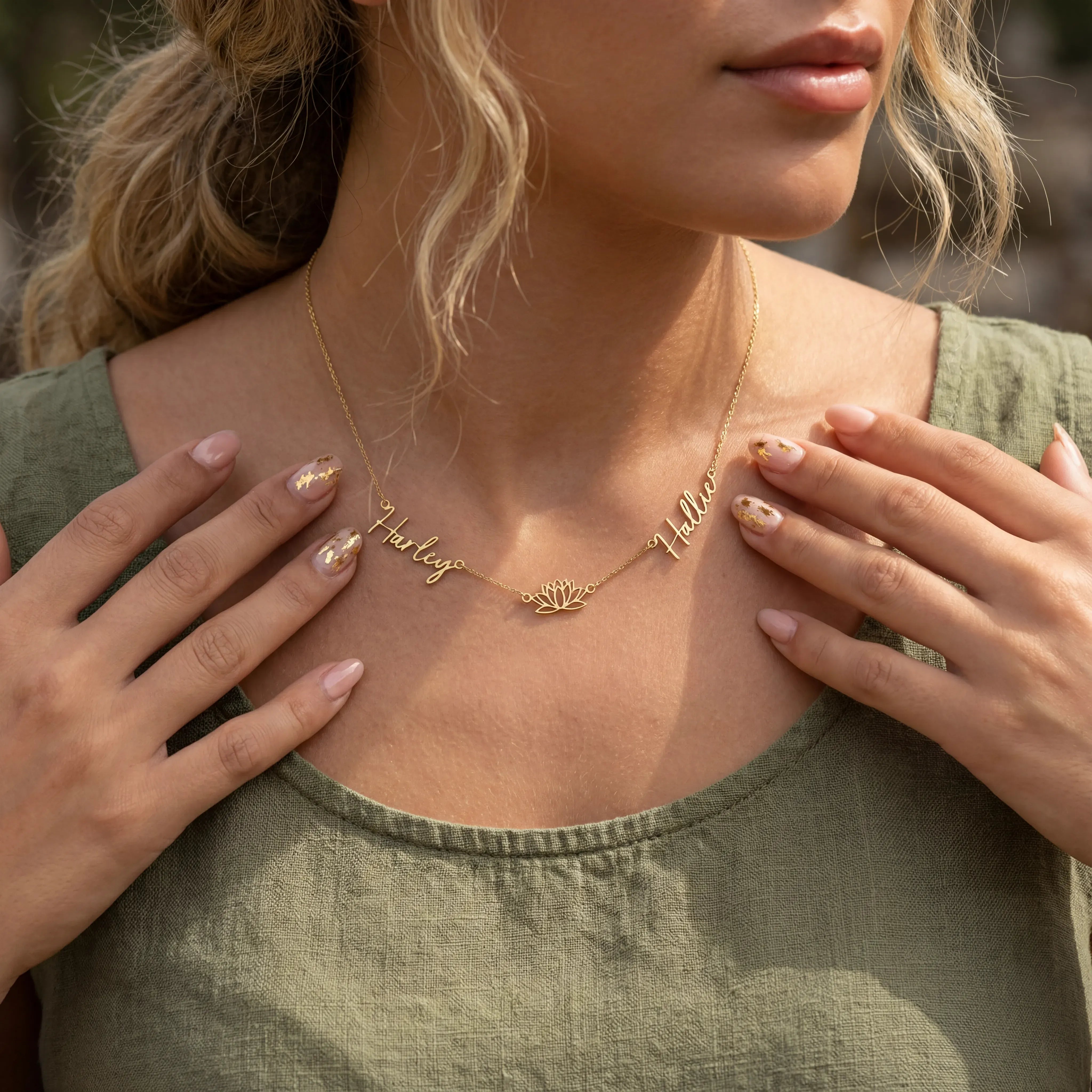 Necklace Double Name with Lotus Flower Necklace HBD Personalised Lotus Necklace with Two Names – Gold, Silver or Vermeil