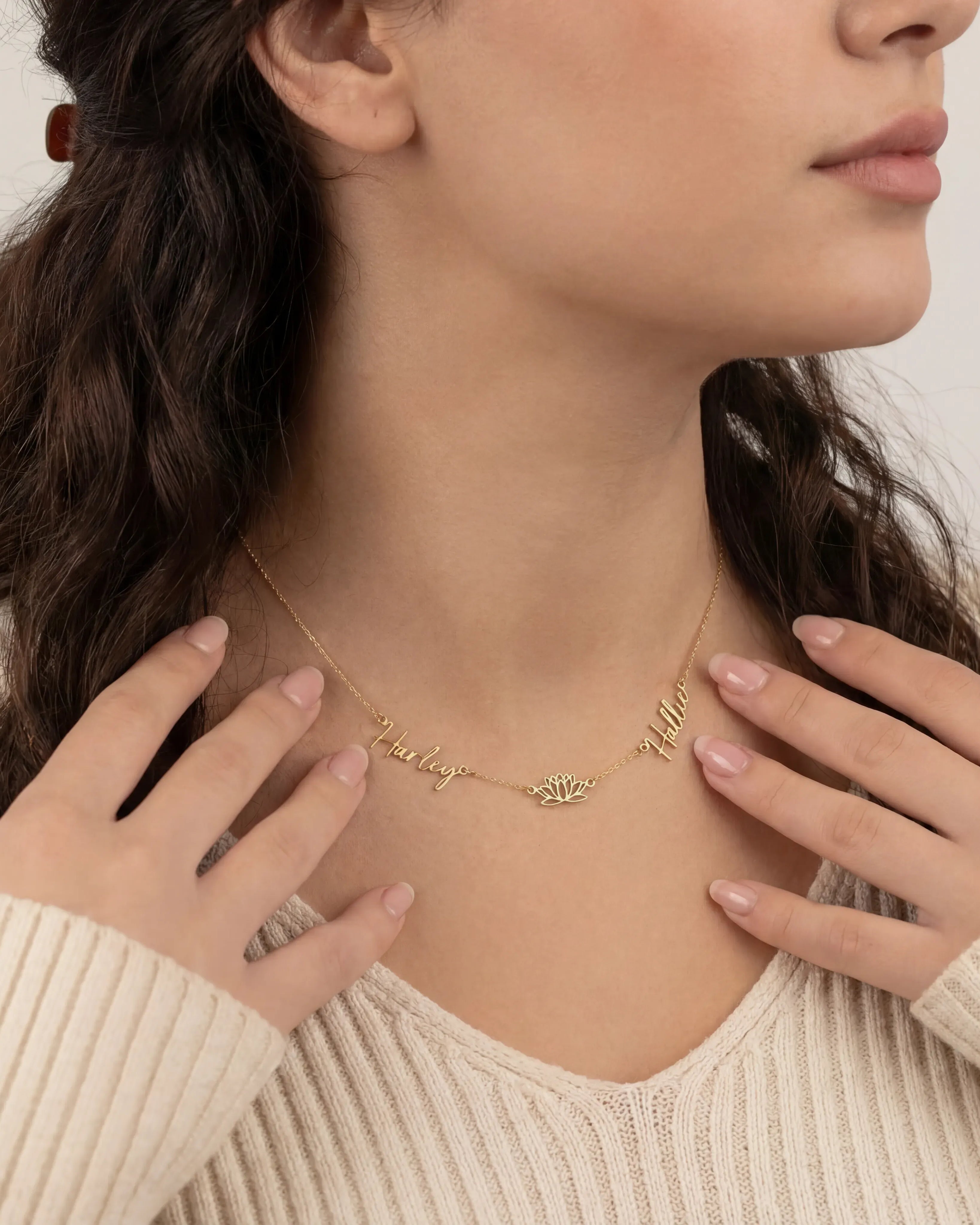 Necklace Double Name with Lotus Flower Necklace HBD Personalised Lotus Necklace with Two Names – Gold, Silver or Vermeil