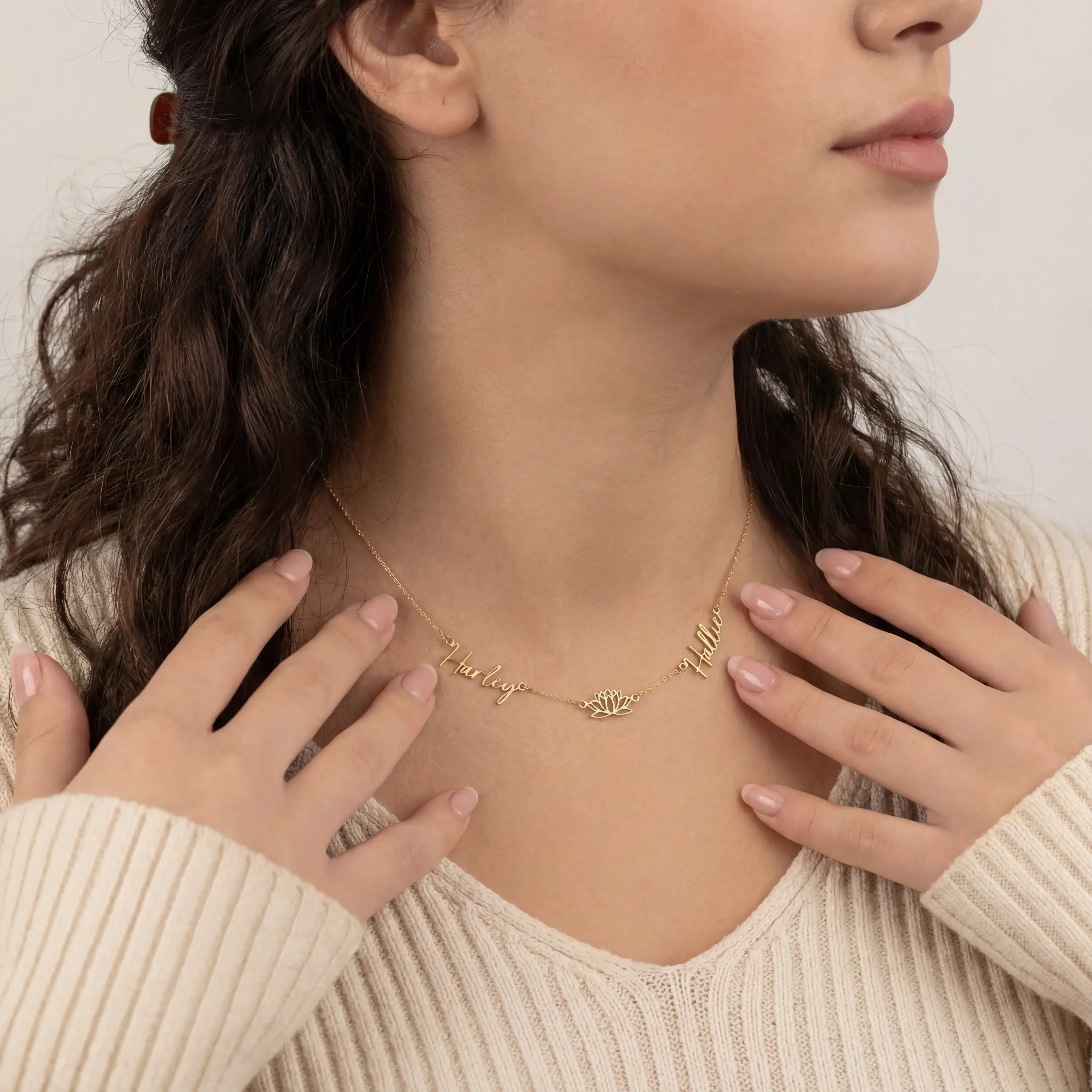 Necklace Double Name with Lotus Flower Necklace HBD Personalised Lotus Necklace with Two Names – Gold, Silver or Vermeil