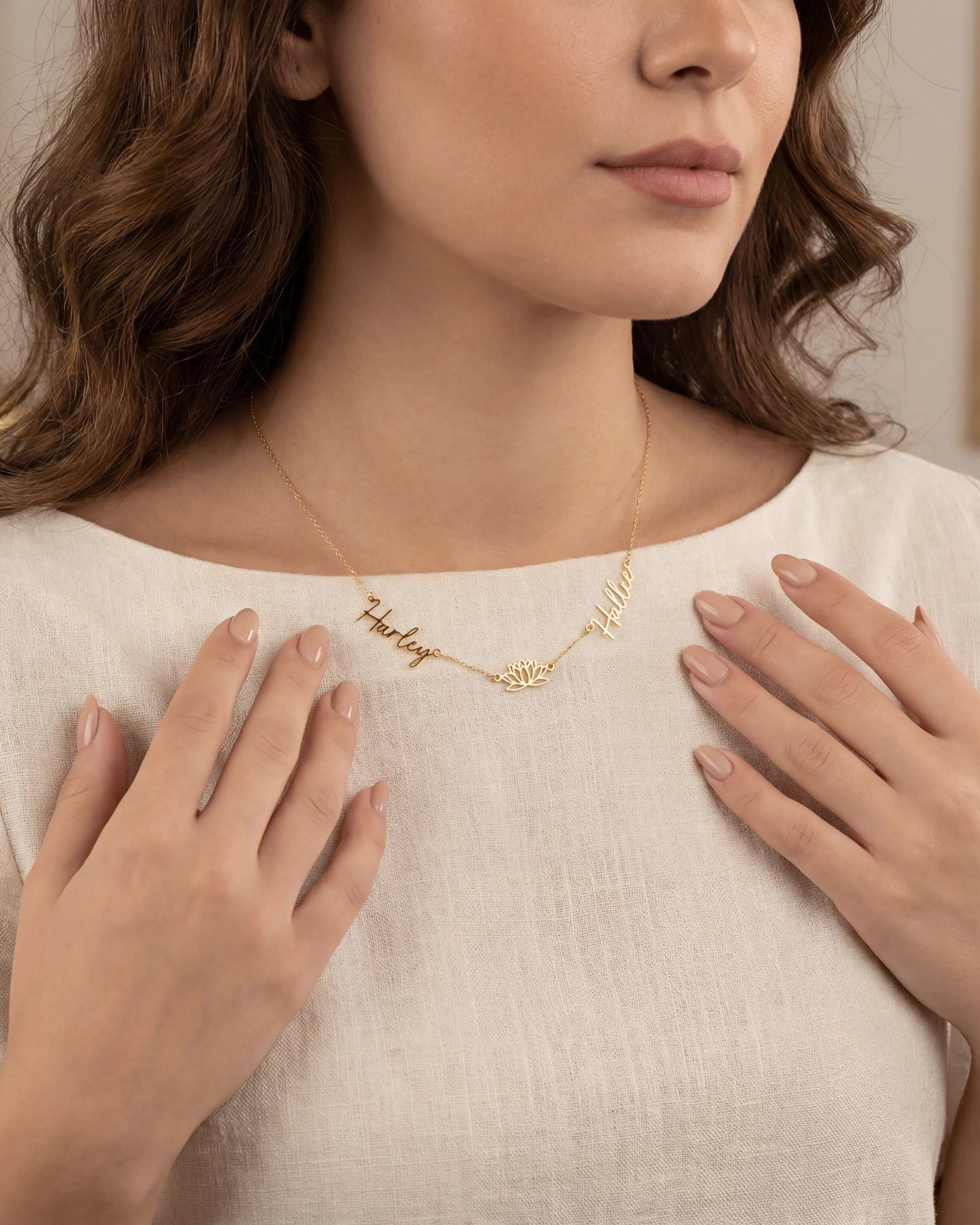 Necklace Double Name with Lotus Flower Necklace HBD Personalised Lotus Necklace with Two Names – Gold, Silver or Vermeil
