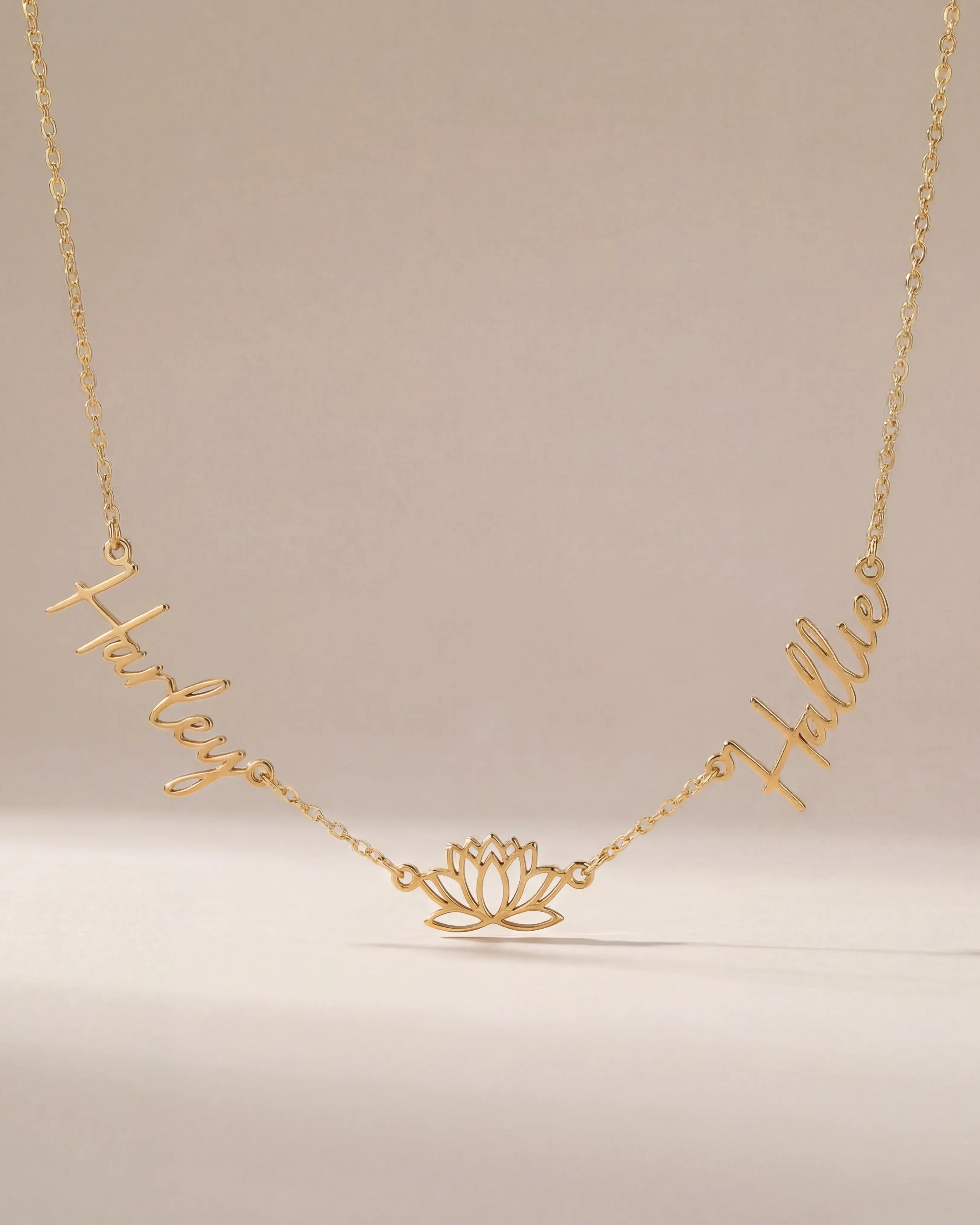 Necklace Double Name with Lotus Flower Necklace HBD Personalised Lotus Necklace with Two Names – Gold, Silver or Vermeil