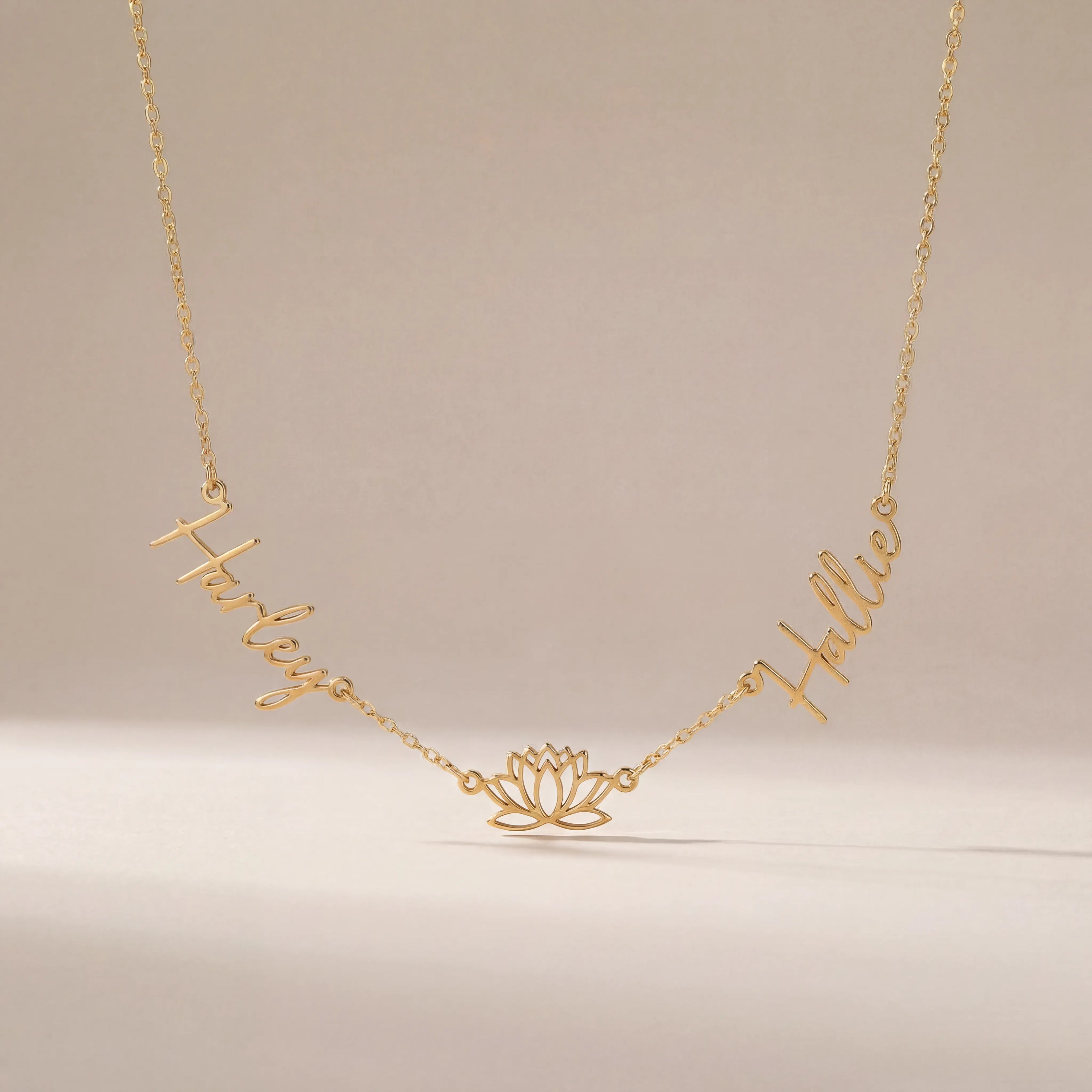 Personalised Lotus Necklace with Two Names – Gold, Silver or Vermeil