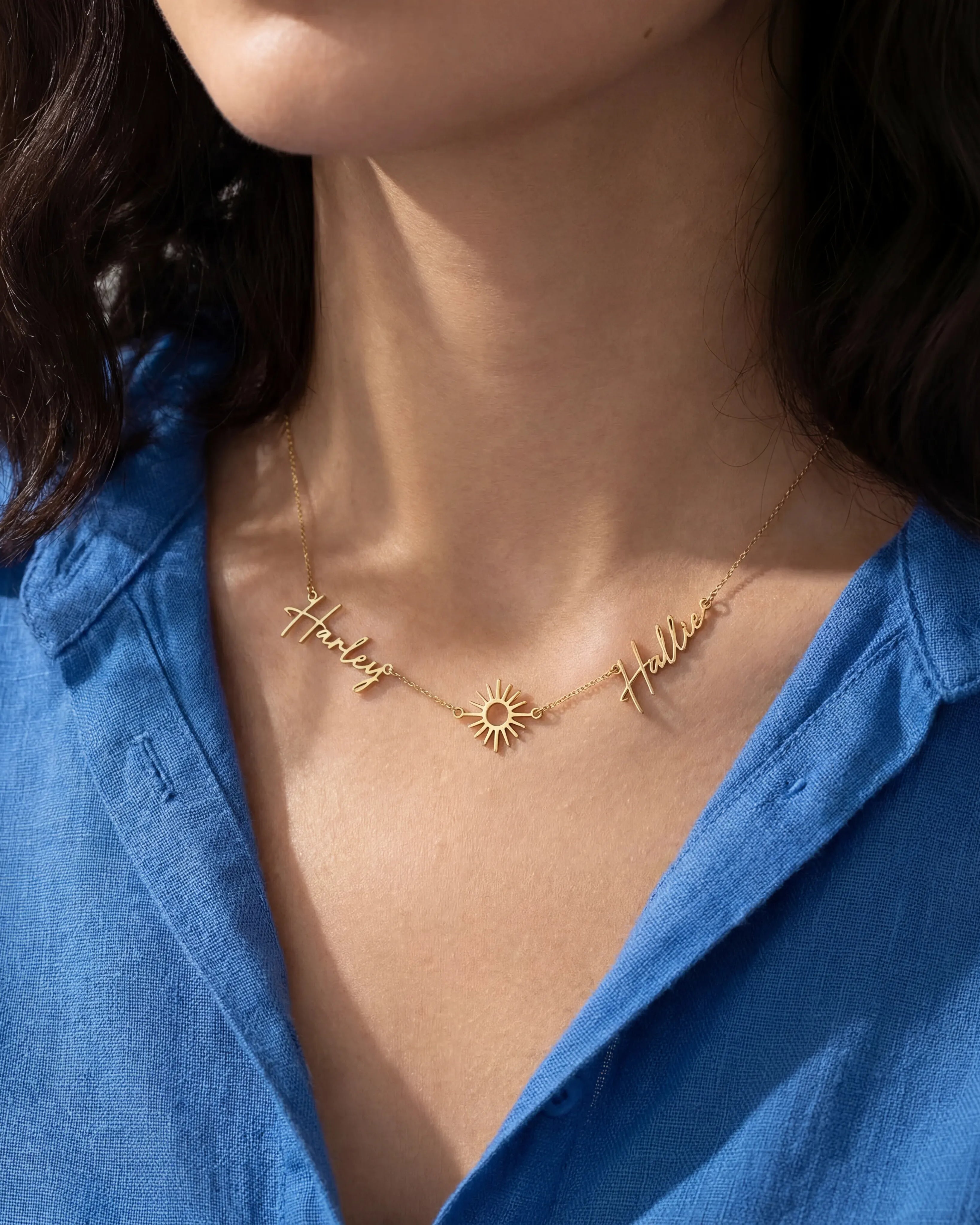 Necklace Double Name with Sun Necklace HBD Personalised Sun Necklace with Two Names – Gold, Silver or Vermeil