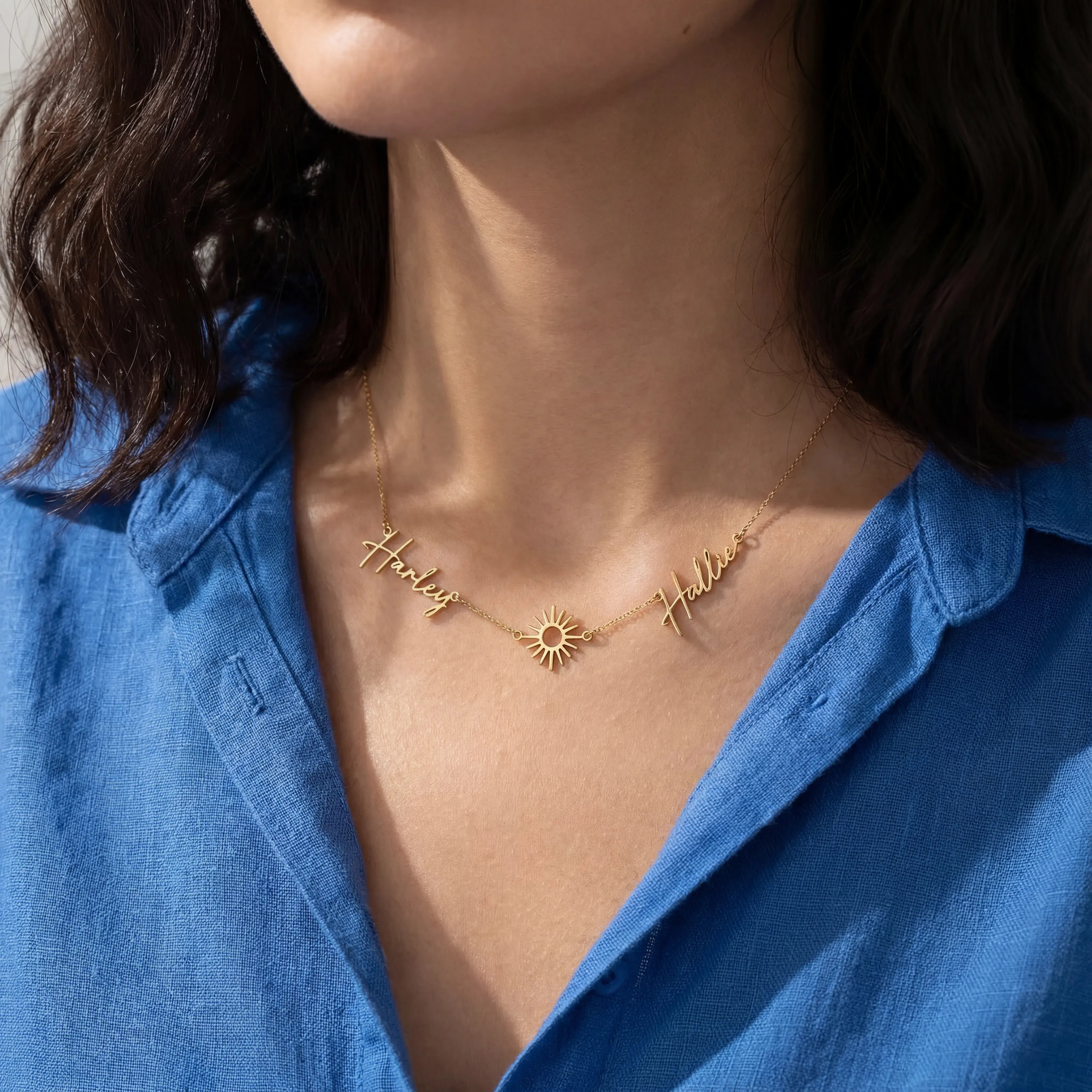 Necklace Double Name with Sun Necklace HBD Personalised Sun Necklace with Two Names – Gold, Silver or Vermeil
