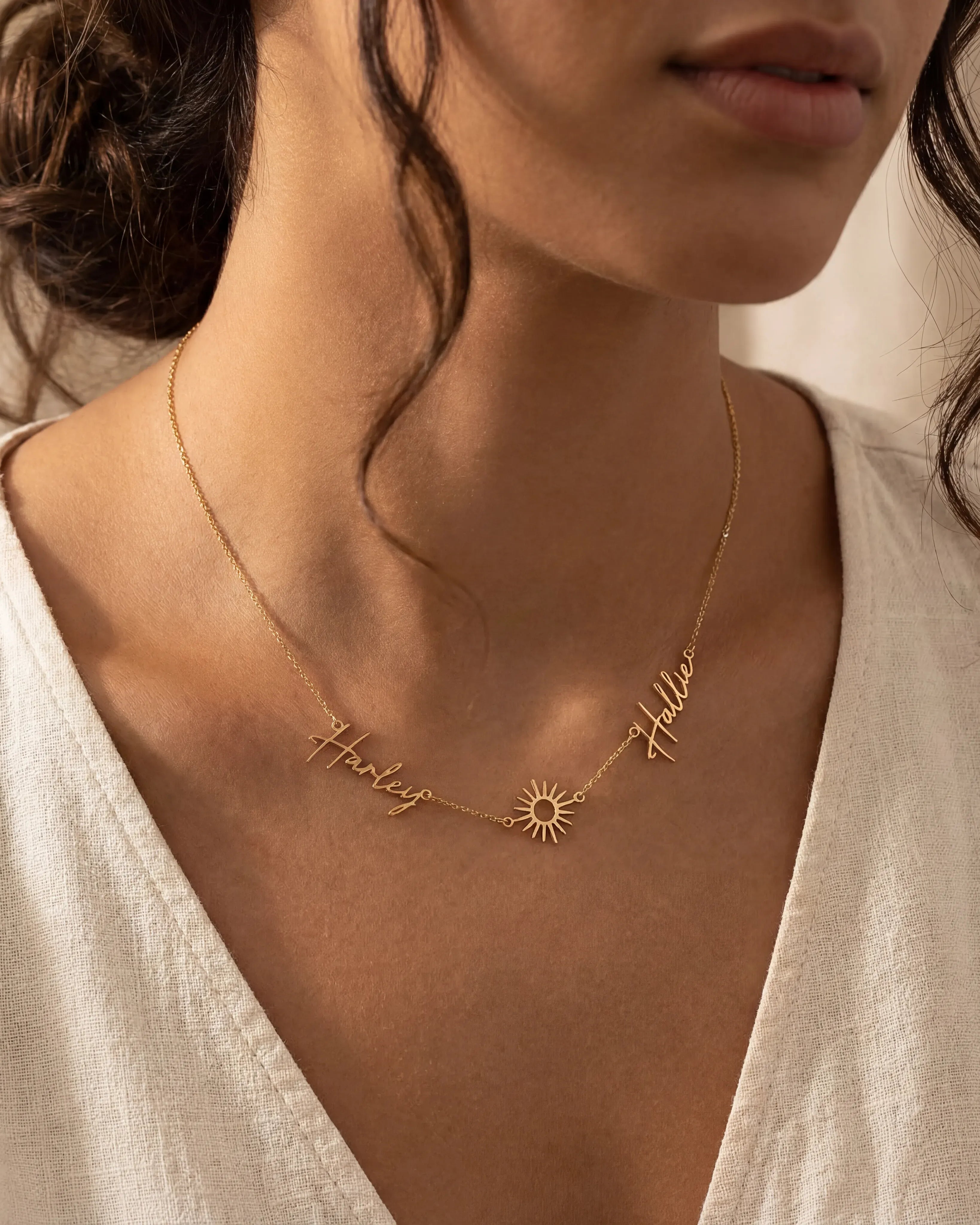 Necklace Double Name with Sun Necklace HBD Personalised Sun Necklace with Two Names – Gold, Silver or Vermeil