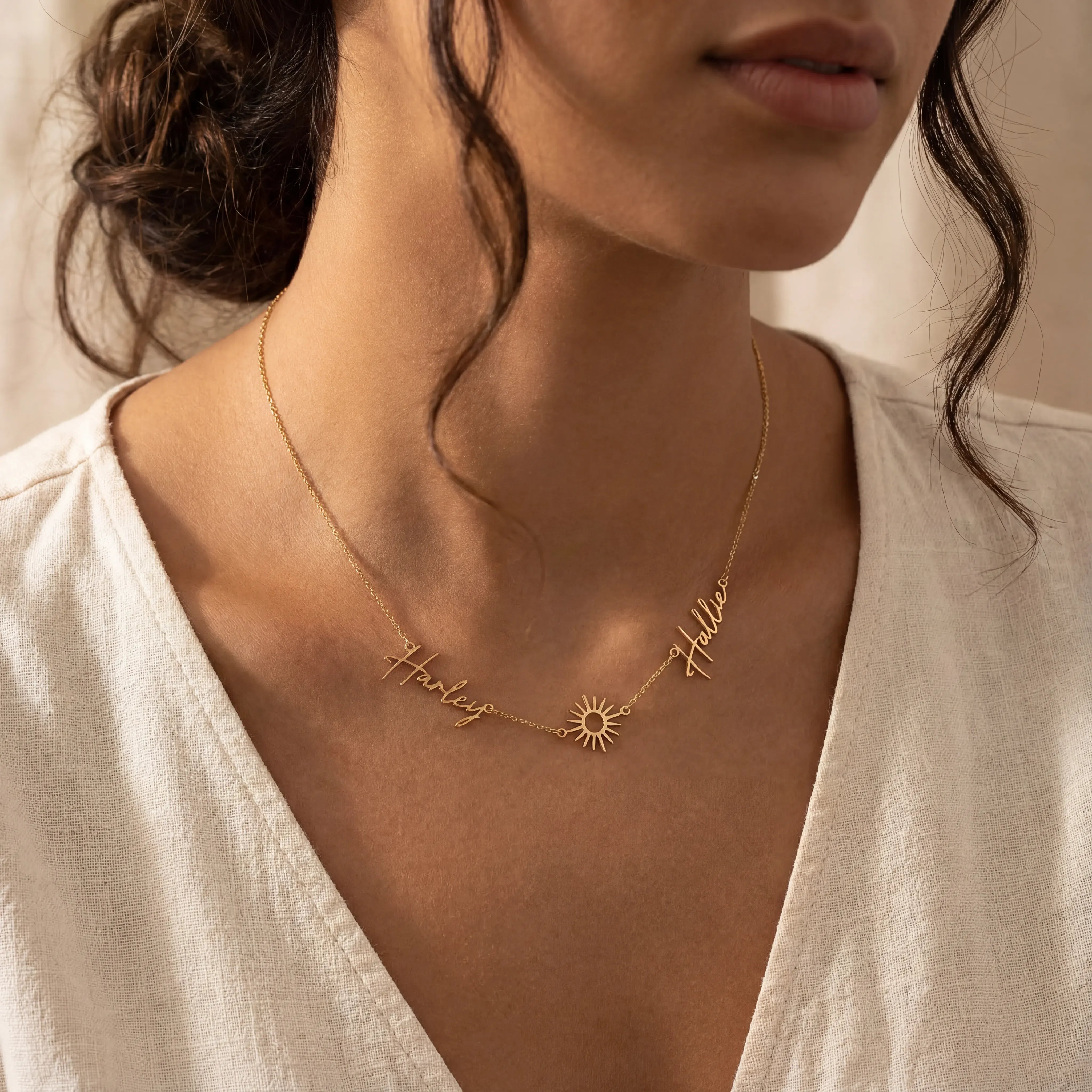 Necklace Double Name with Sun Necklace HBD Personalised Sun Necklace with Two Names – Gold, Silver or Vermeil