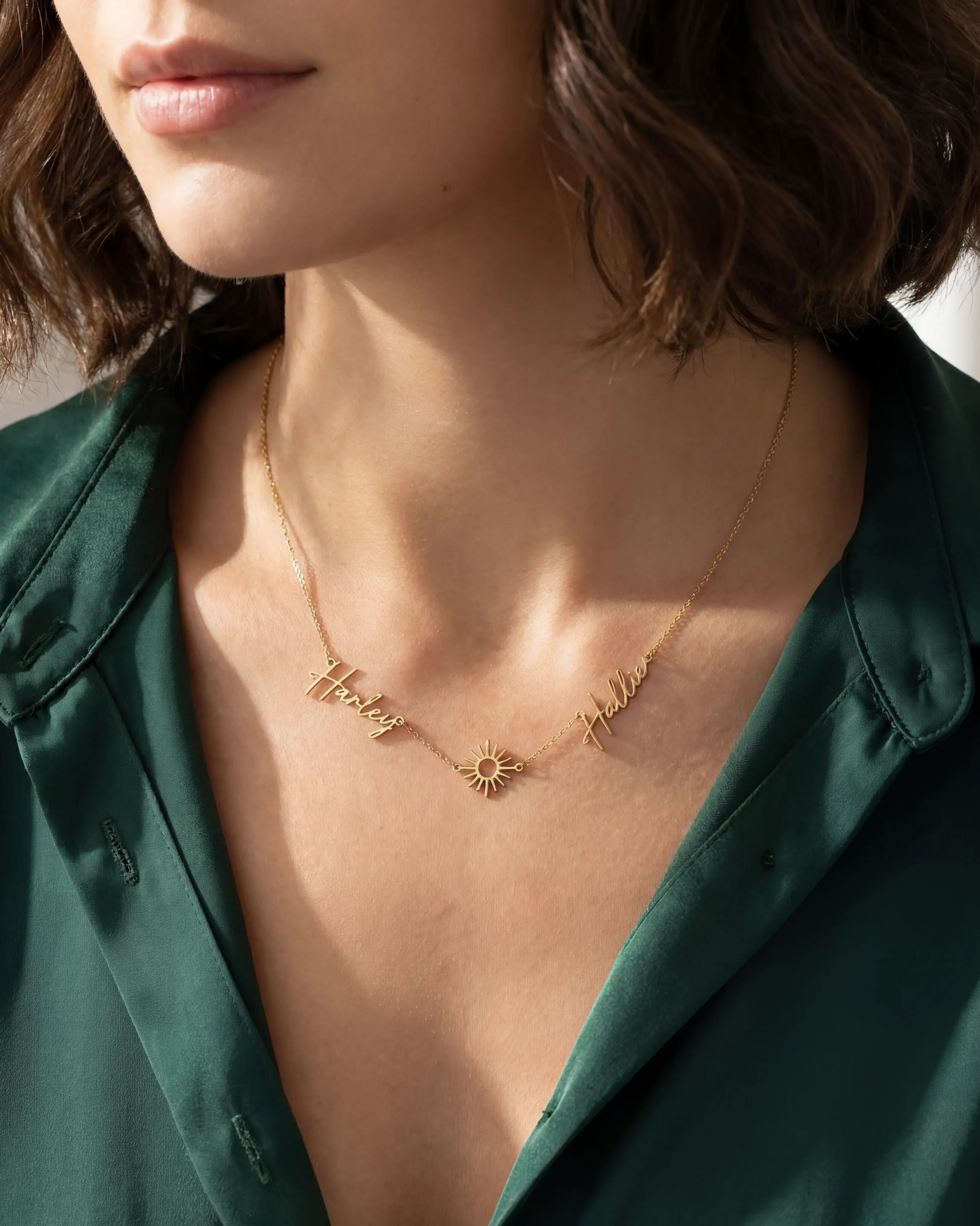 Necklace Double Name with Sun Necklace HBD Personalised Sun Necklace with Two Names – Gold, Silver or Vermeil