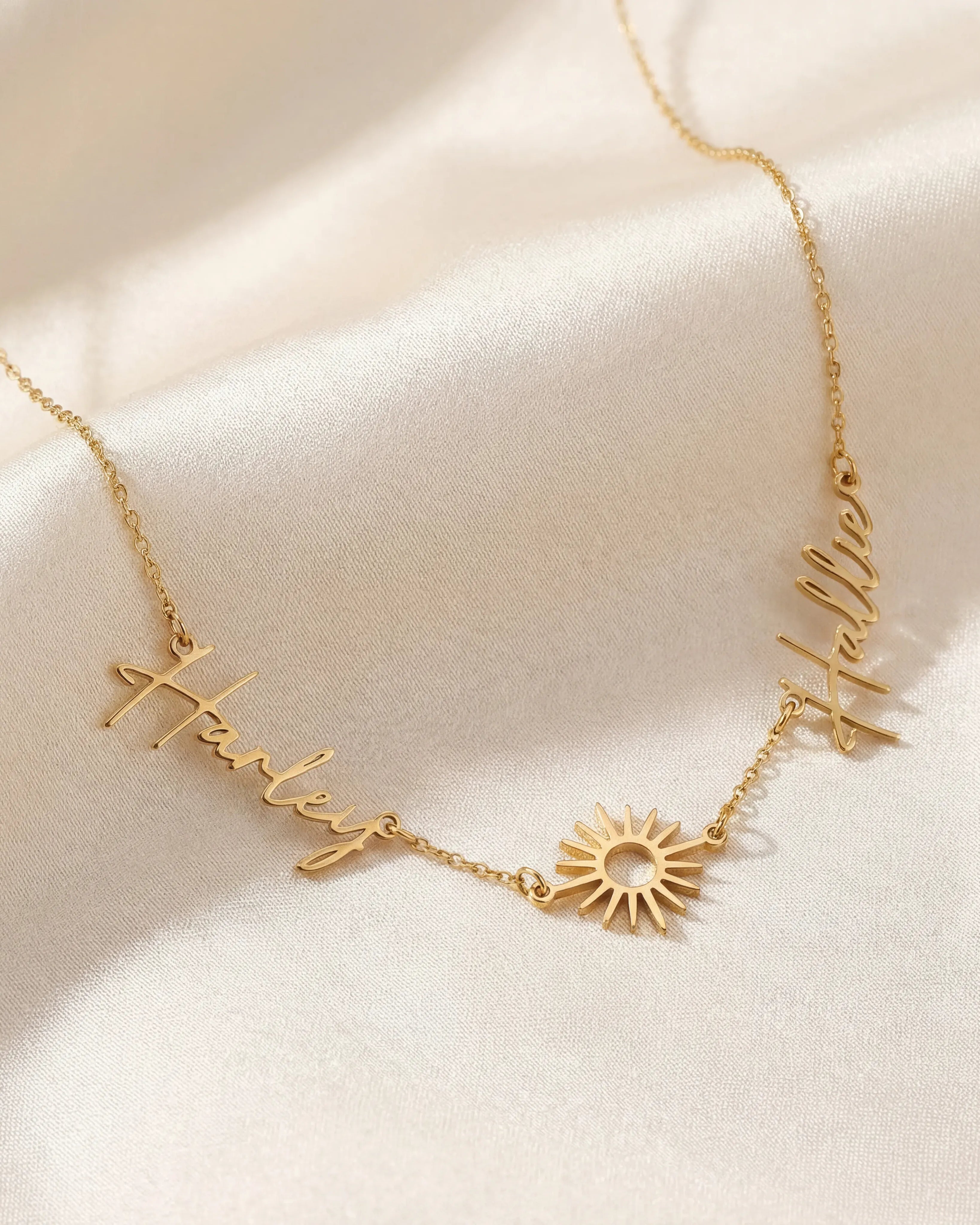 Necklace Double Name with Sun Necklace HBD Personalised Sun Necklace with Two Names – Gold, Silver or Vermeil