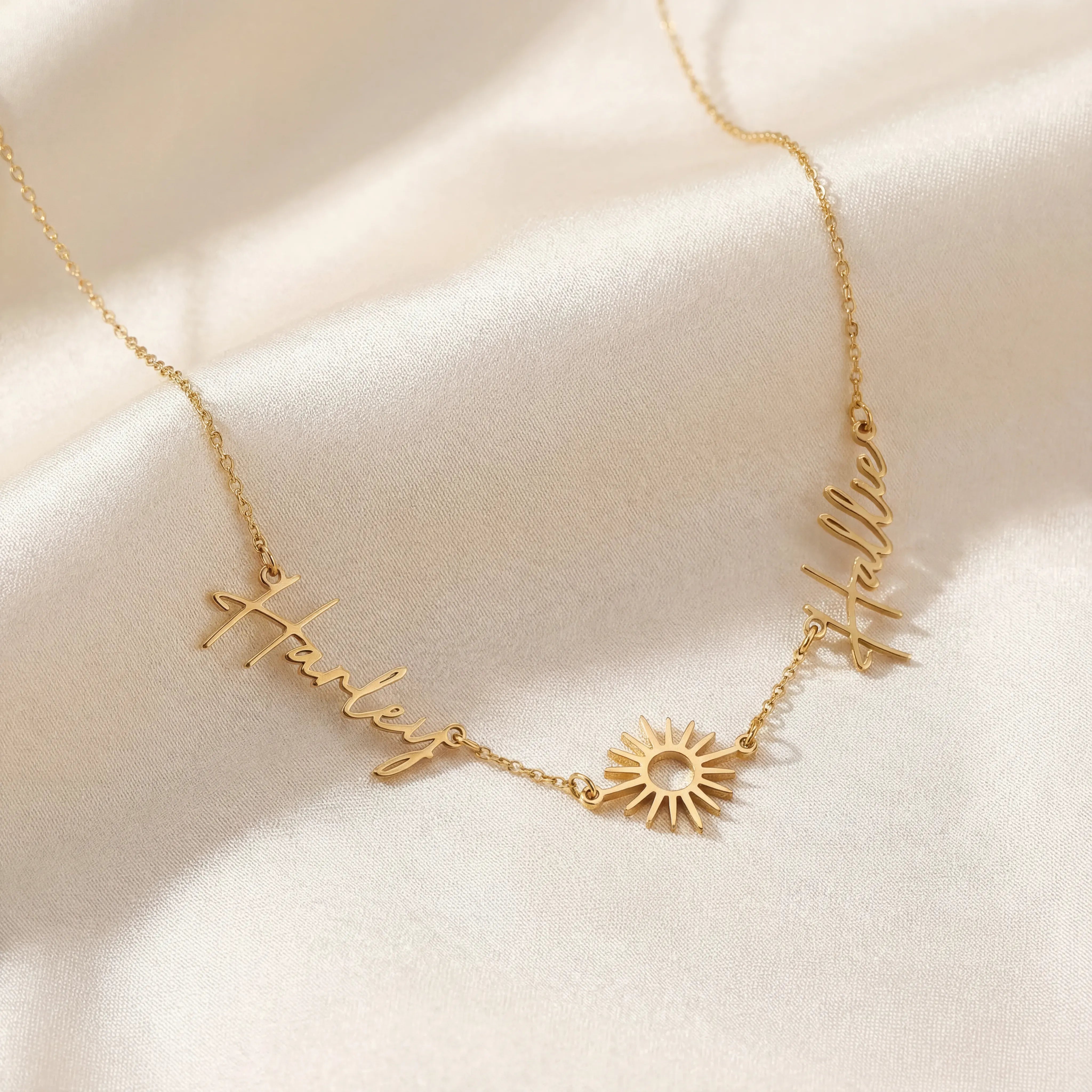 Necklace Double Name with Sun Necklace HBD Personalised Sun Necklace with Two Names – Gold, Silver or Vermeil