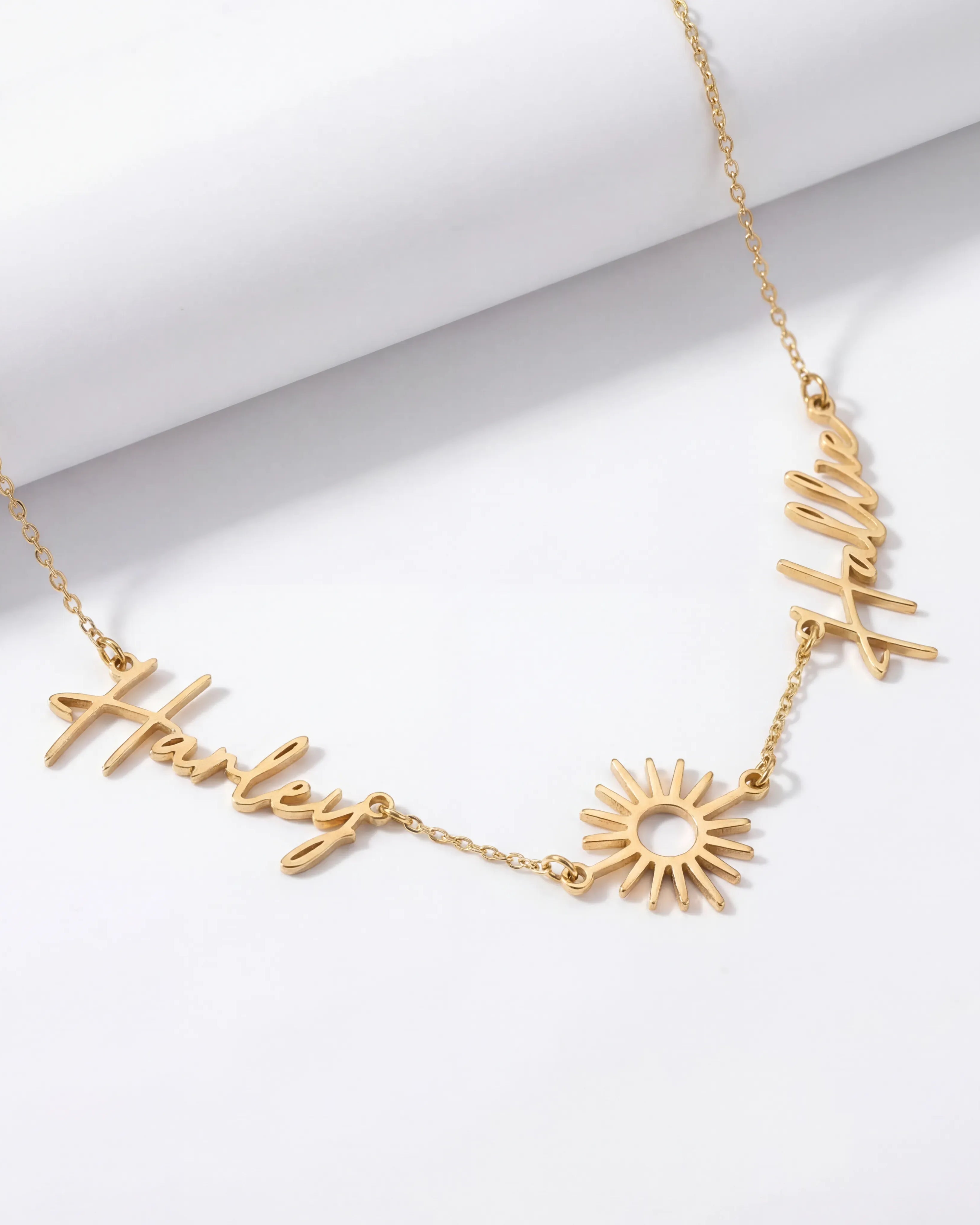 Necklace Double Name with Sun Necklace HBD Personalised Sun Necklace with Two Names – Gold, Silver or Vermeil