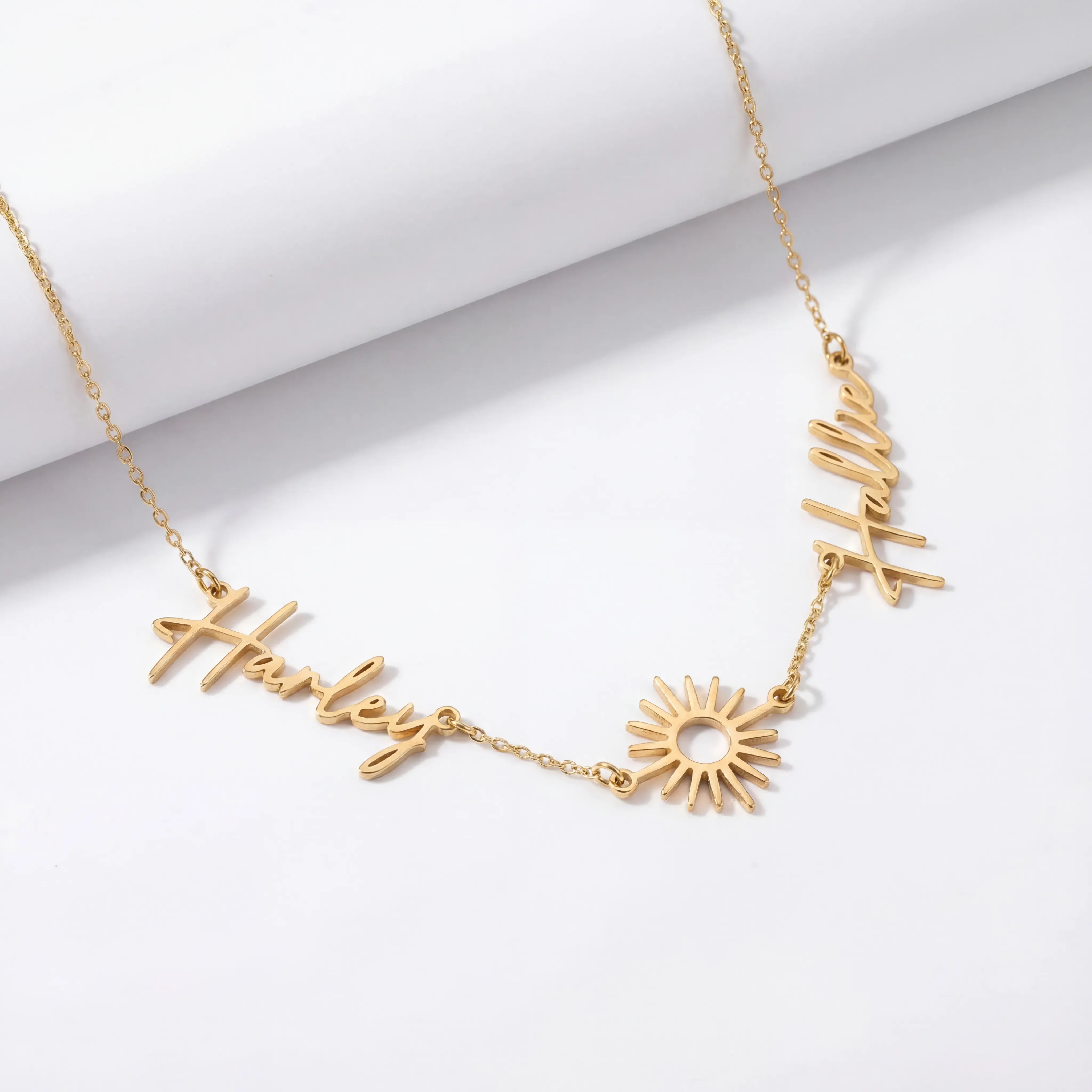 Necklace Double Name with Sun Necklace HBD Personalised Sun Necklace with Two Names – Gold, Silver or Vermeil