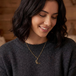 Half Moon & Flower Necklace in Gold, Vermeil, or Silver – Celestial Pendant – 15-21 Inch Chain
