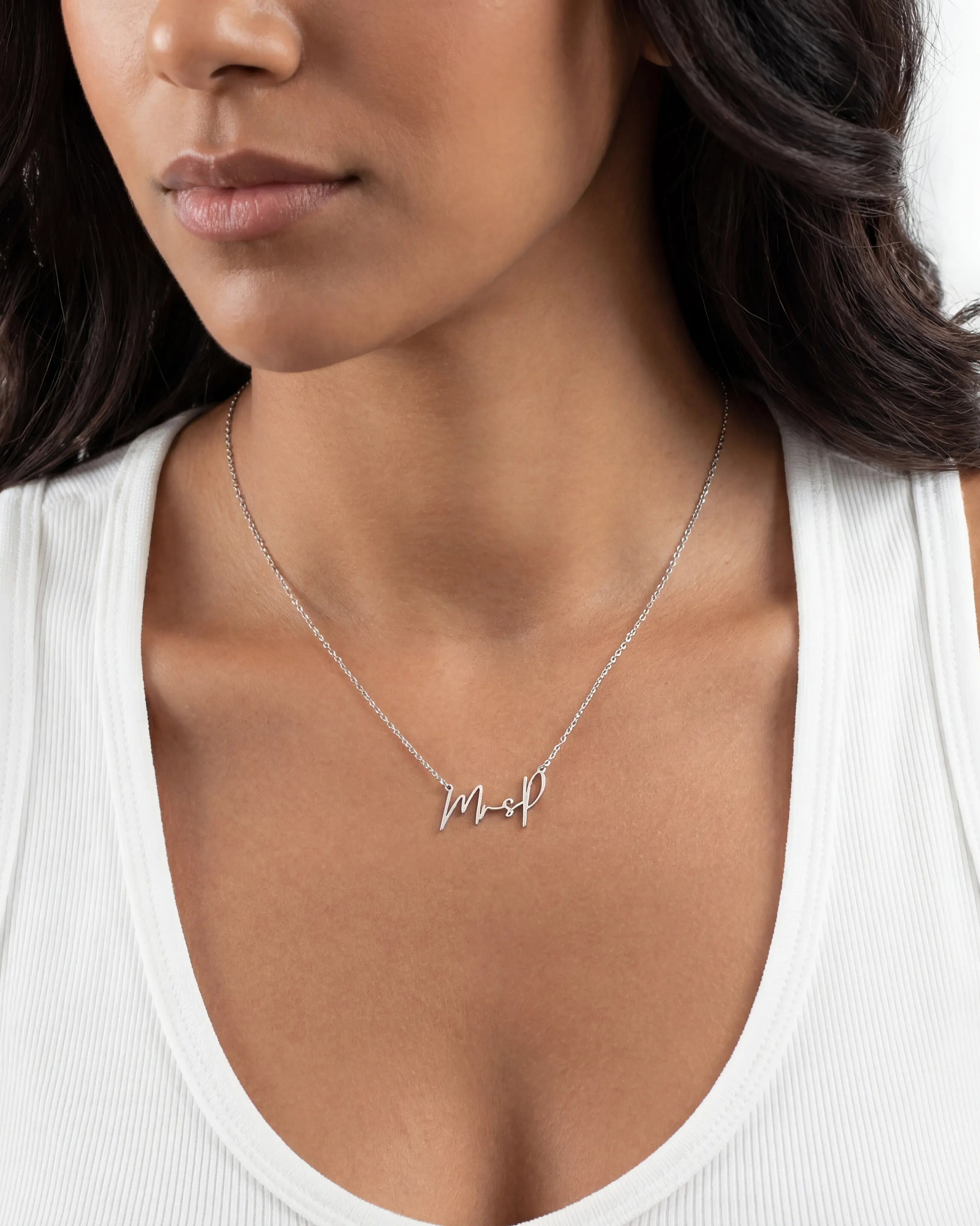 Necklace MrsP Necklace HBD MrsP Name Necklace in Gold or Silver – MrsP Newlywed Script Necklace