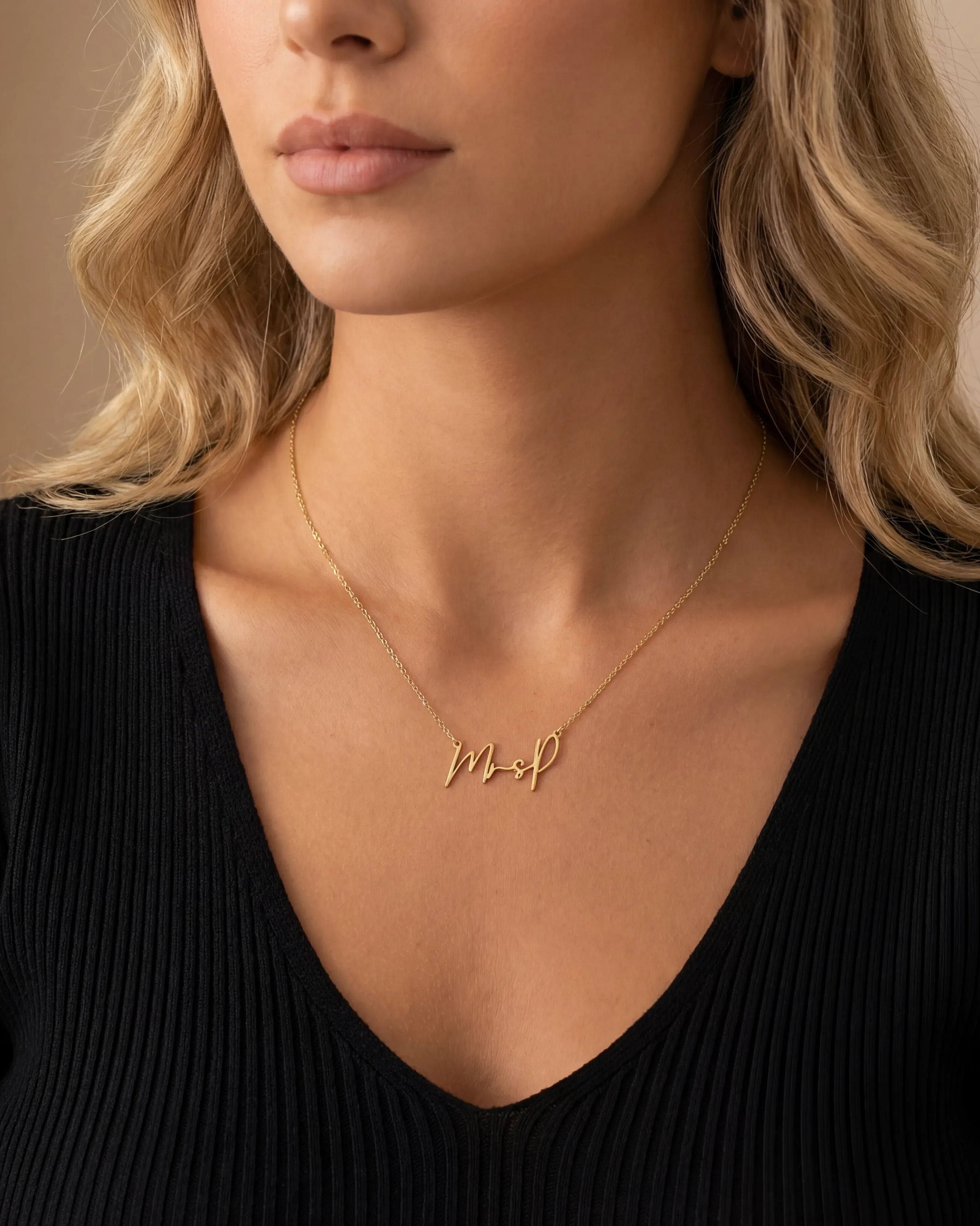 Necklace MrsP Necklace HBD MrsP Name Necklace in Gold or Silver – MrsP Newlywed Script Necklace