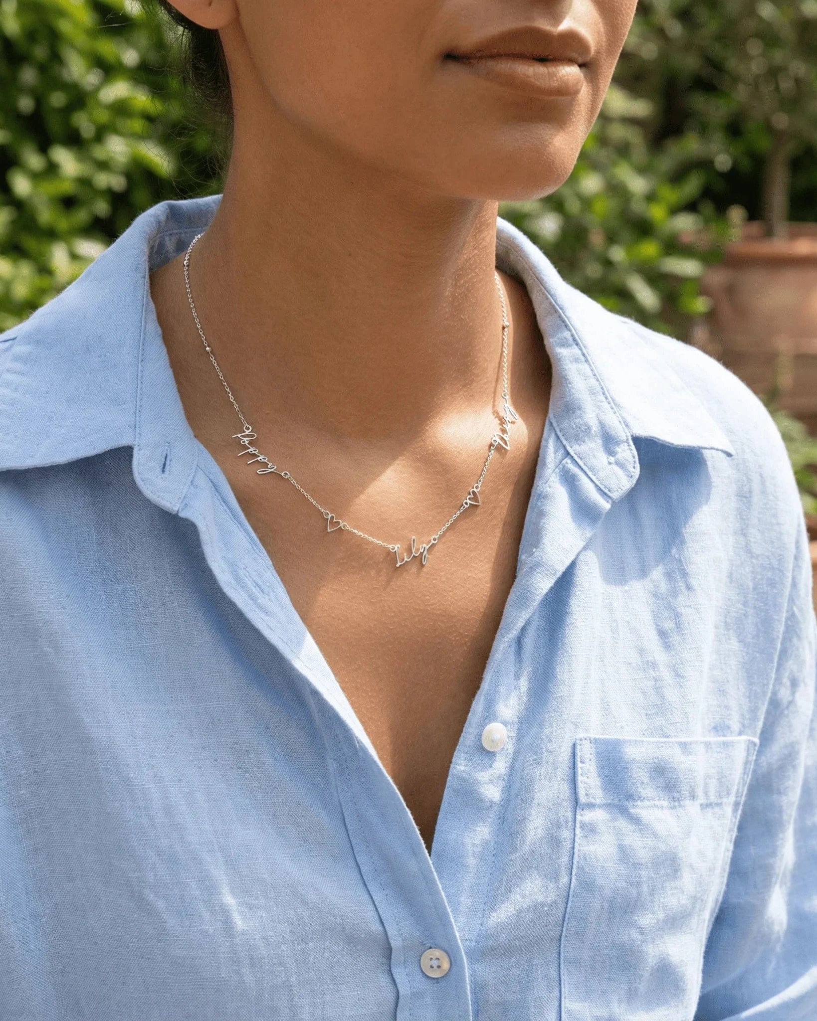 Necklace Triple Name Necklace with Two Hearts HBD Triple Name Necklace with Two Hearts – Custom Personalised Necklace in Gold or Silver