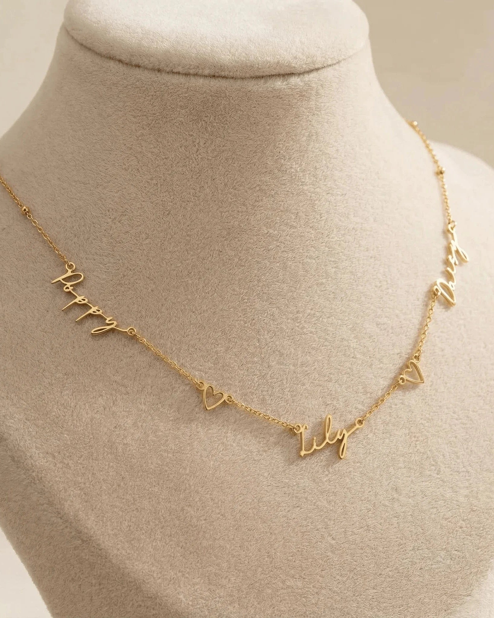 Necklace Triple Name Necklace with Two Hearts HBD Triple Name Necklace with Two Hearts – Custom Personalised Necklace in Gold or Silver