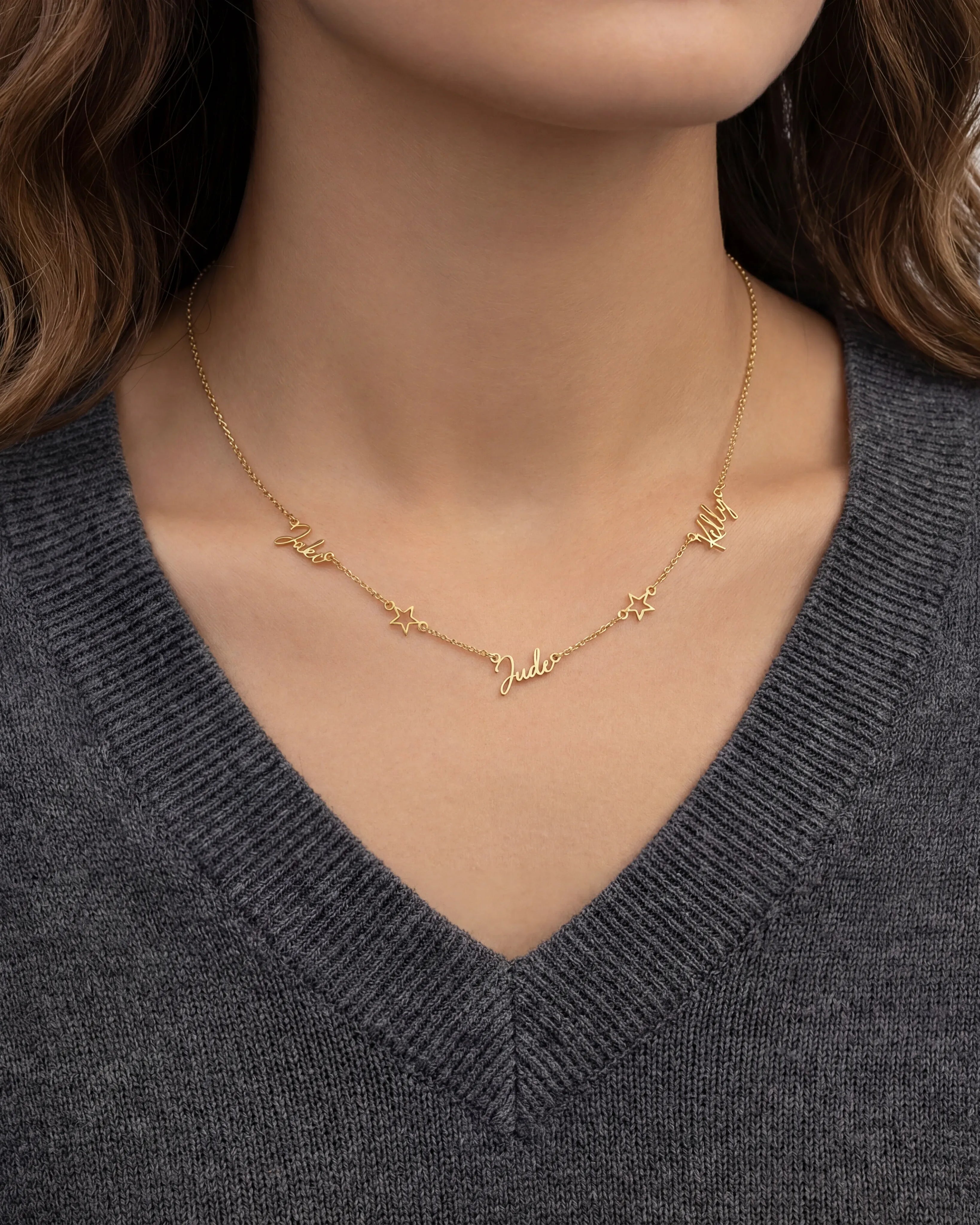 Necklace Triple Name Necklace with Two Stars HBD Triple Name Necklace with Two Stars – Custom Personalised Necklace in Gold or Silver