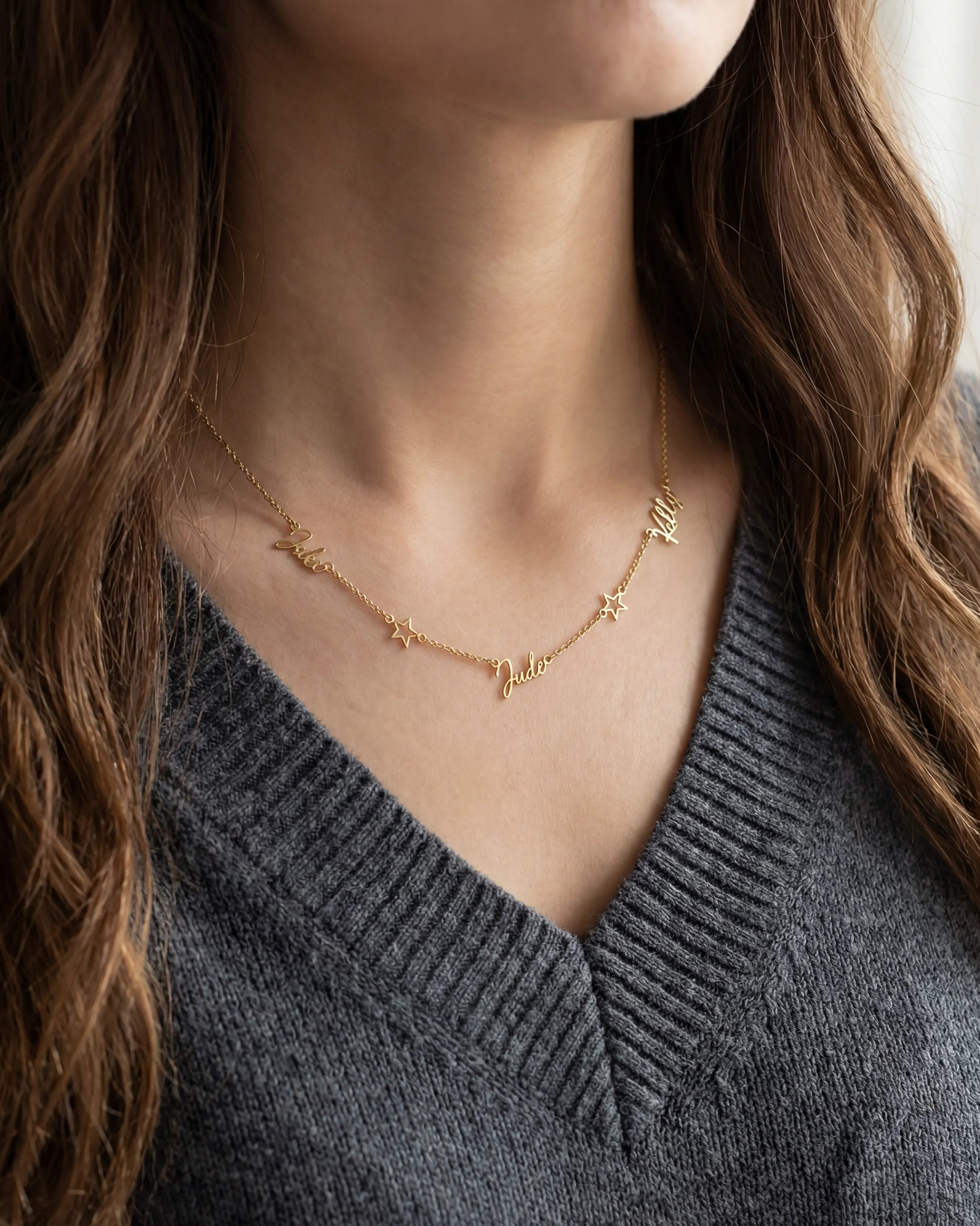 Necklace Triple Name Necklace with Two Stars HBD Triple Name Necklace with Two Stars – Custom Personalised Necklace in Gold or Silver