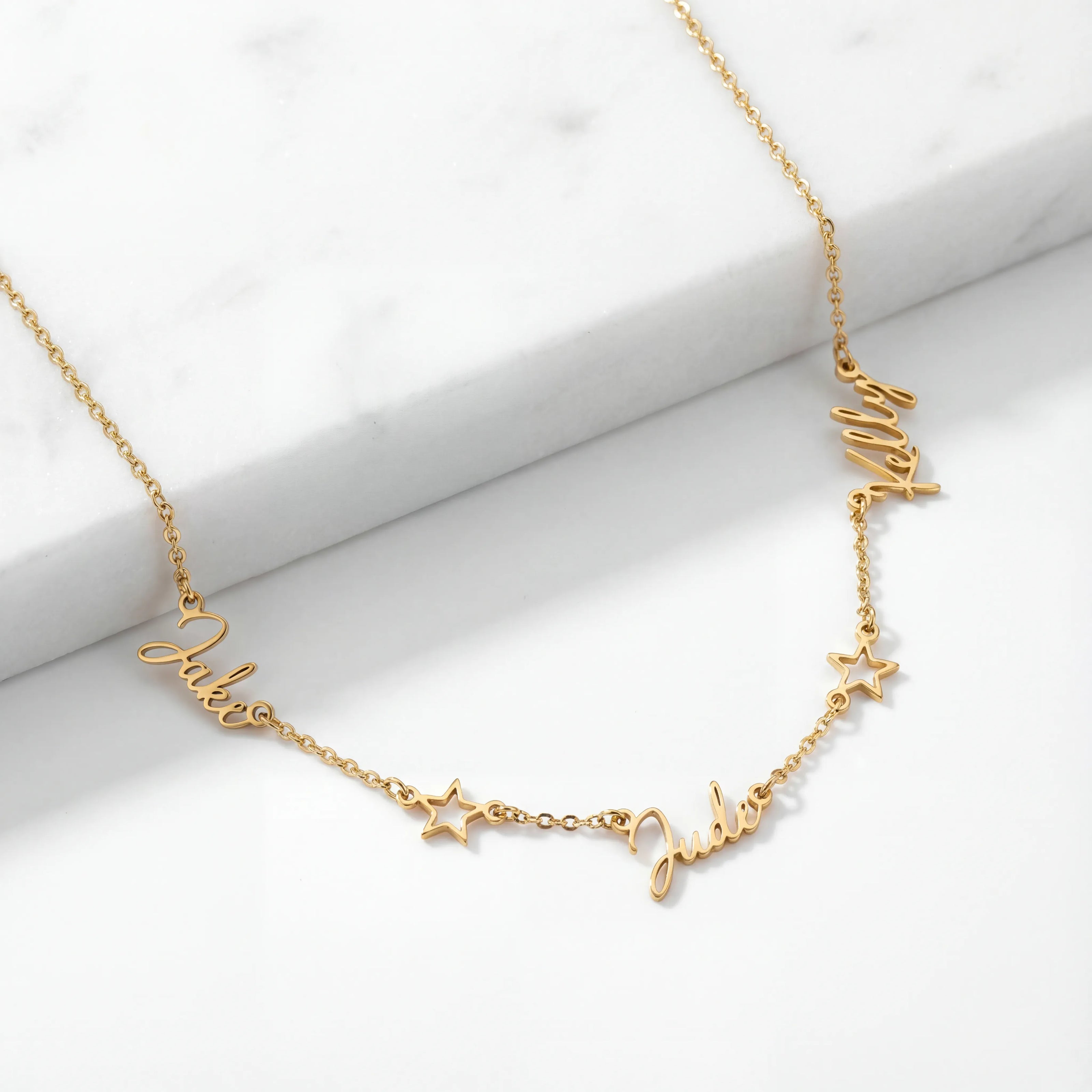 Triple Name Necklace with Two Stars – Custom Personalised Necklace in Gold or Silver