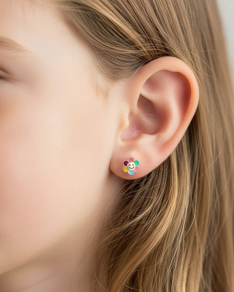 Sterling Silver Earrings Kids Smiley Flower Stud Earrings Noa & Nellie Sterling Silver Smiley Flower Earrings for Kids – Children’s Jewellery by Noa & Nellie