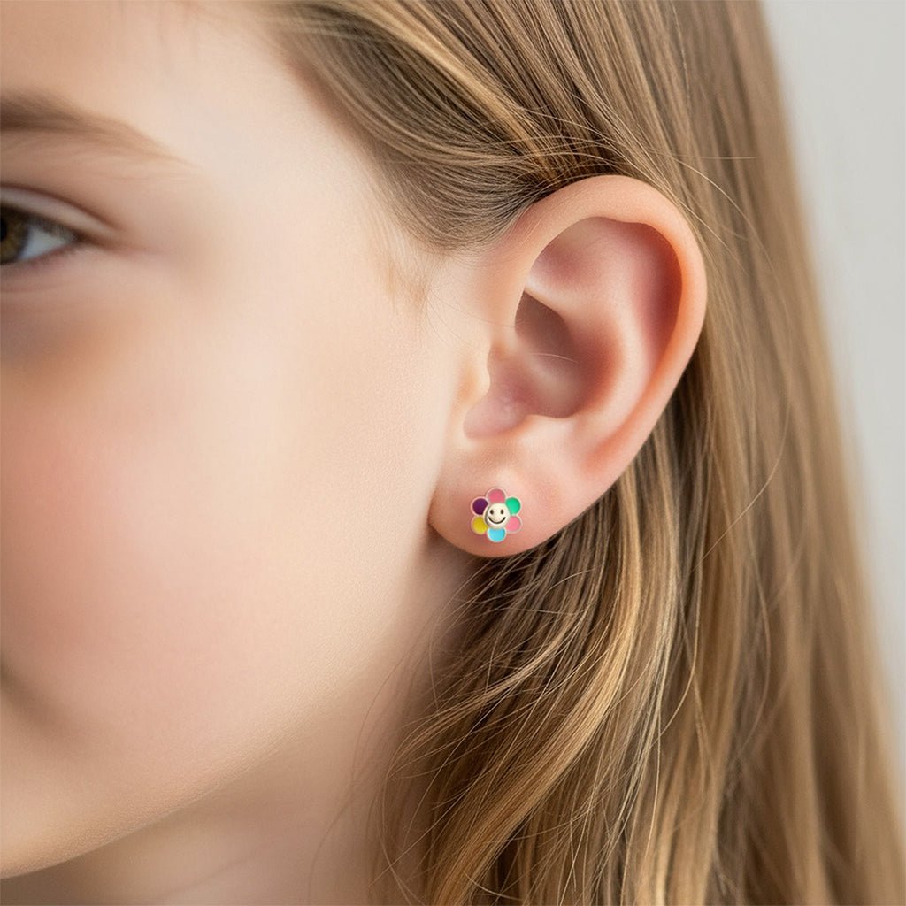 Noa & Nellie Earrings Sterling Silver Kids Smiley Flower Stud Earrings