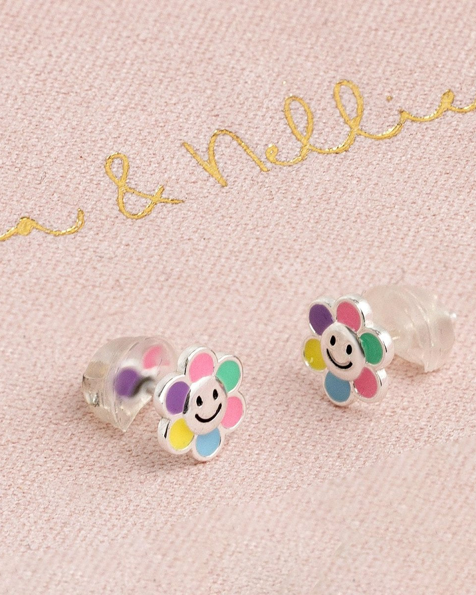 Noa & Nellie Earrings Sterling Silver Kids Smiley Flower Stud Earrings