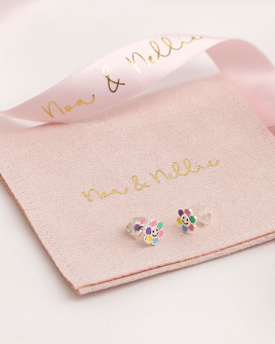Noa & Nellie Earrings Sterling Silver Kids Smiley Flower Stud Earrings