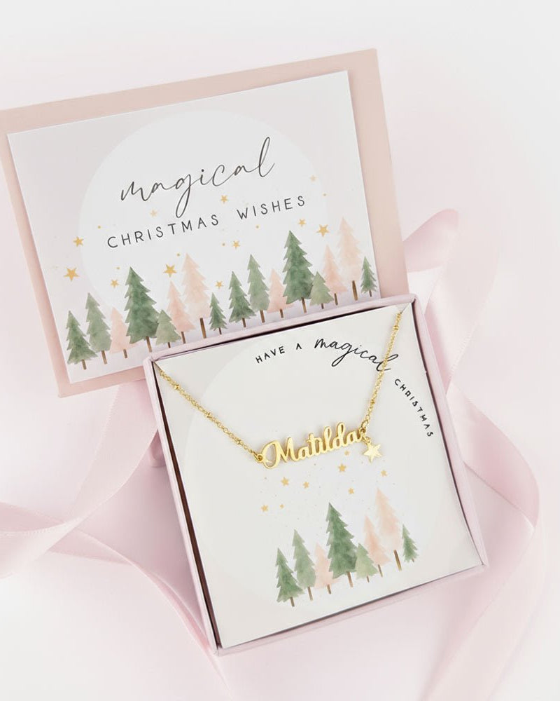 Gold / Style 1 / 14" Inches Necklace Magical Christmas Kids Name Necklace & Star Charm Noa & Nellie Magical Christmas Personalised Name Necklace – Kids & Children’s – Gold, Silver, Vermeil & Solid Silver
