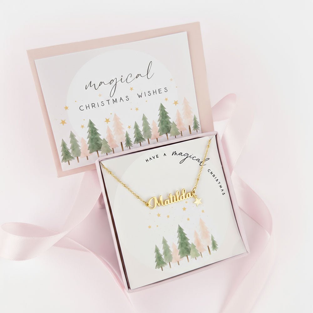 Gold / Style 1 / 14" Inches Necklace Magical Christmas Kids Name Necklace & Star Charm Noa & Nellie Magical Christmas Personalised Name Necklace – Kids & Children’s – Gold, Silver, Vermeil & Solid Silver
