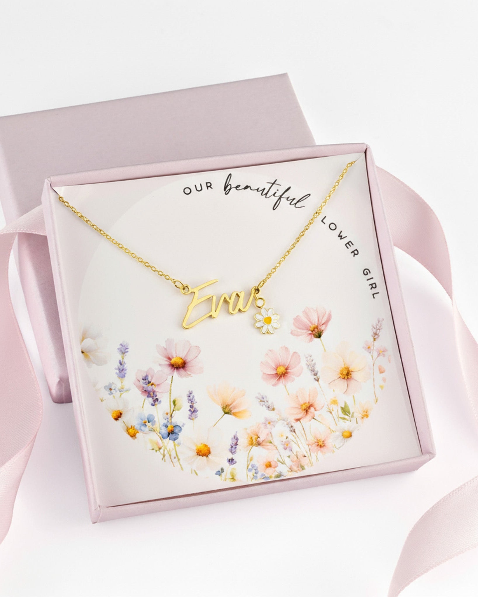 Noa & Nellie Necklace Kids Flower Girl Name Necklace with & Flower Charm