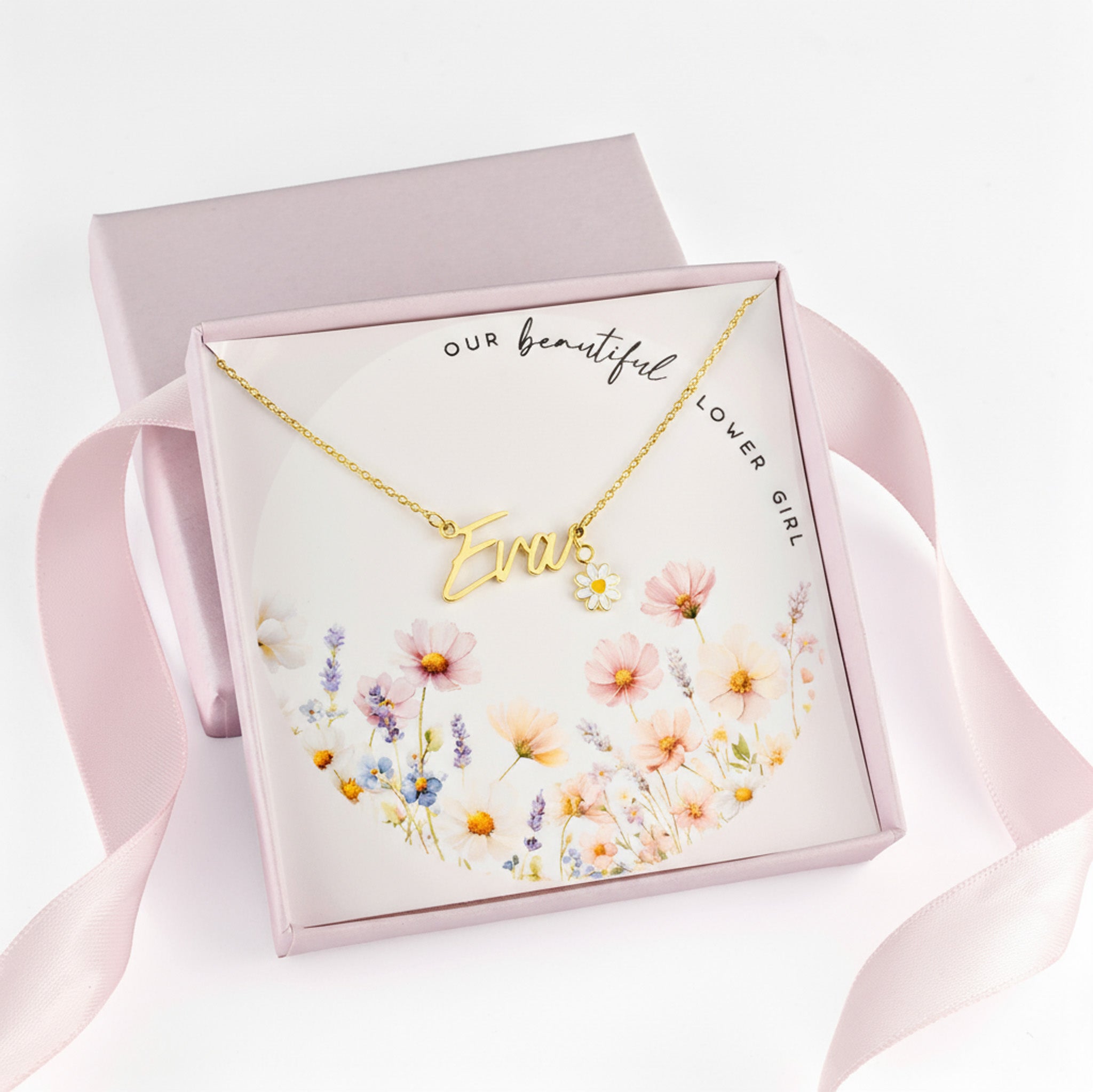 Noa & Nellie Necklace Kids Flower Girl Name Necklace with & Flower Charm