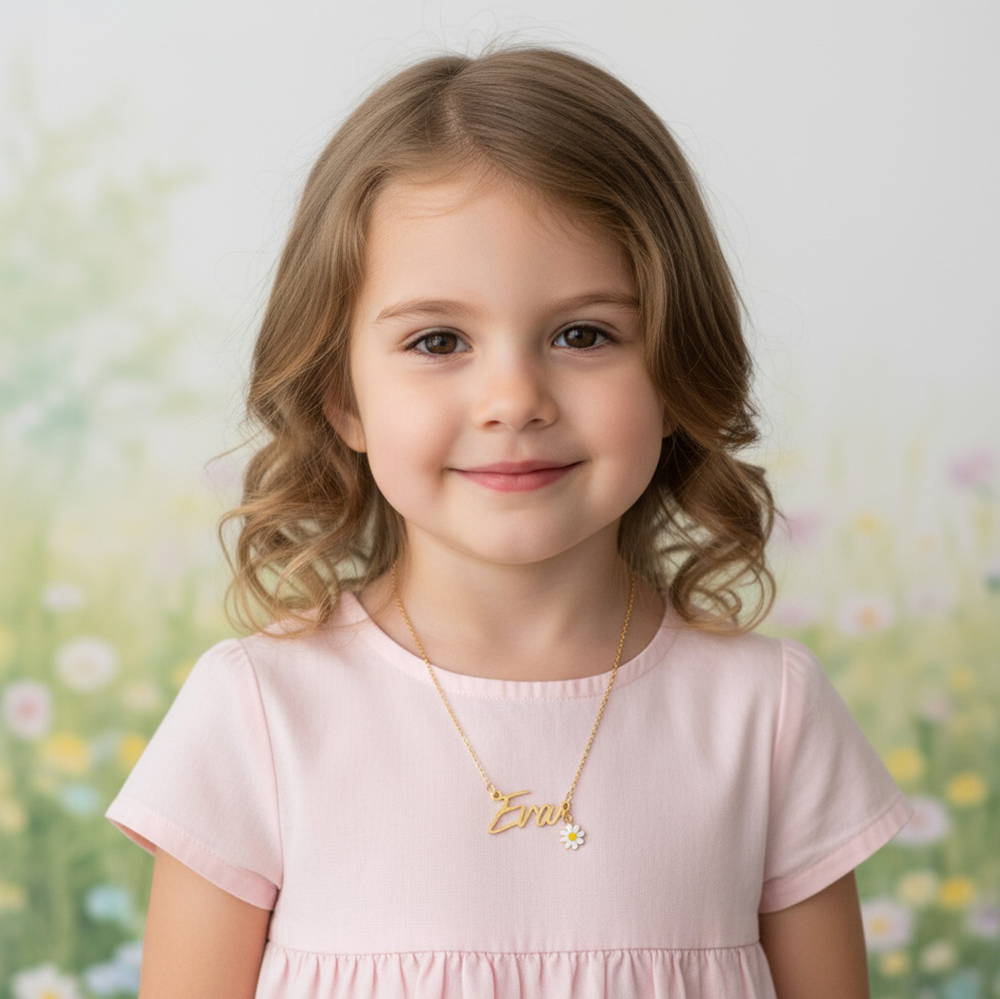 Noa & Nellie Necklace Kids Flower Girl Name Necklace with & Flower Charm