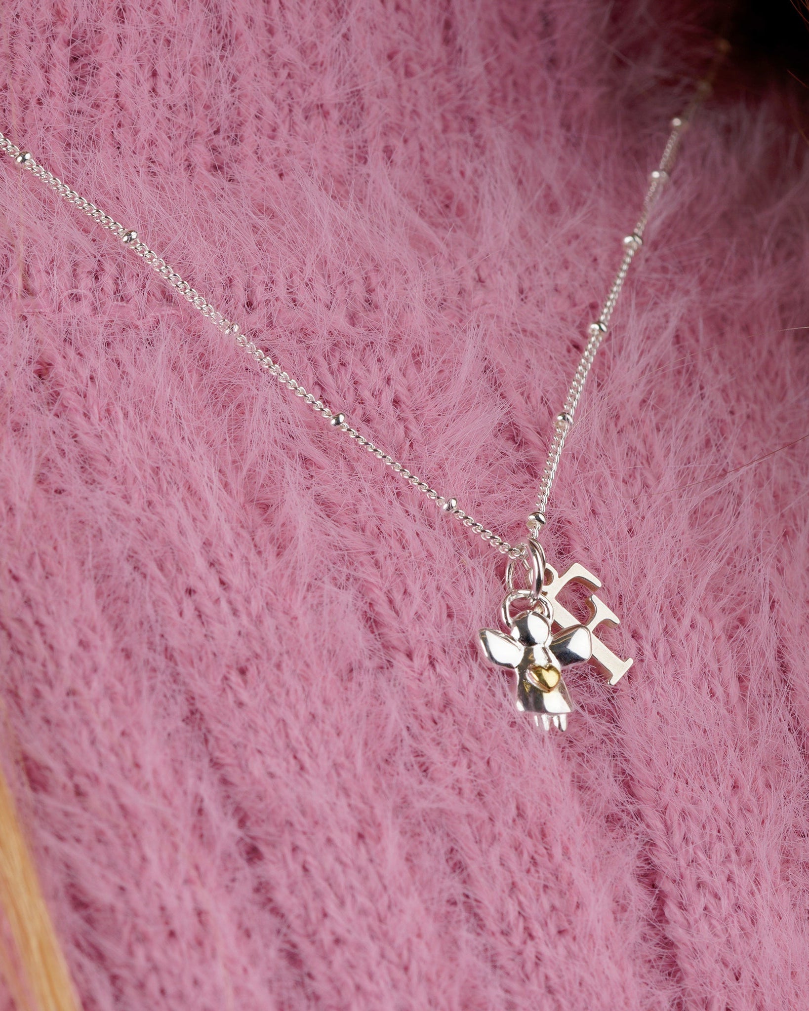 Necklace Kids Initial & Guardian Angel Charm Necklace Noa & Nellie Guardian Angel Initial Necklace for Kids – Personalised Initial & Silver Guardian Angel Charm