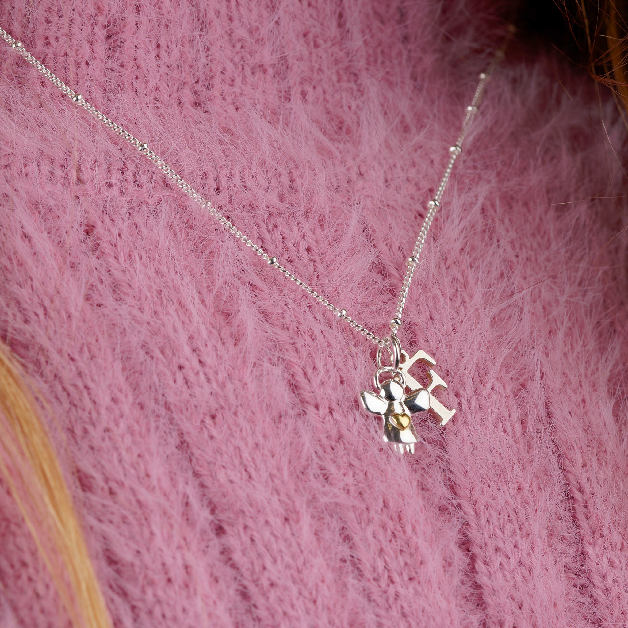 Necklace Kids Initial & Guardian Angel Charm Necklace Noa & Nellie Guardian Angel Initial Necklace for Kids – Personalised Initial & Silver Guardian Angel Charm