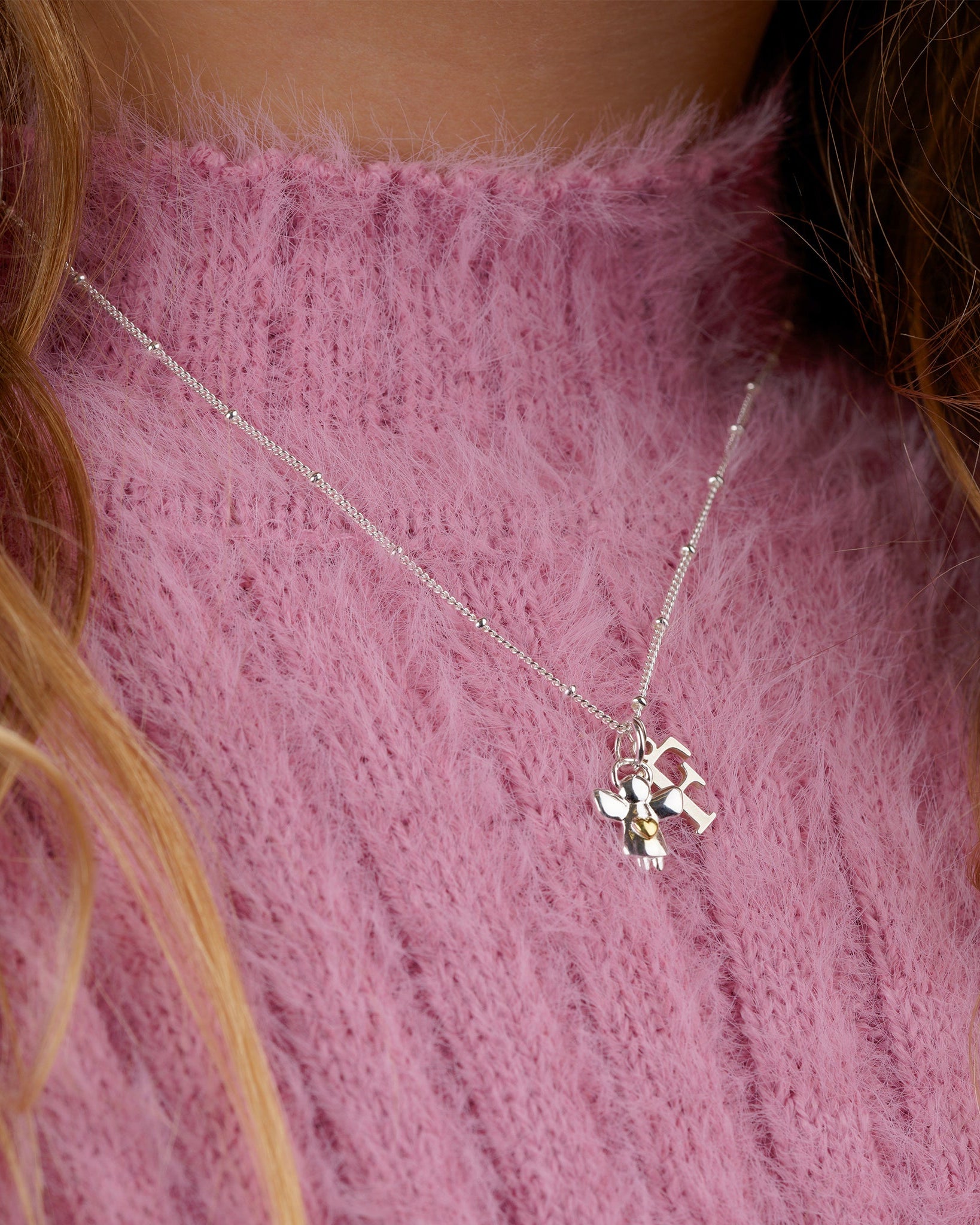 Necklace Kids Initial & Guardian Angel Charm Necklace Noa & Nellie Guardian Angel Initial Necklace for Kids – Personalised Initial & Silver Guardian Angel Charm